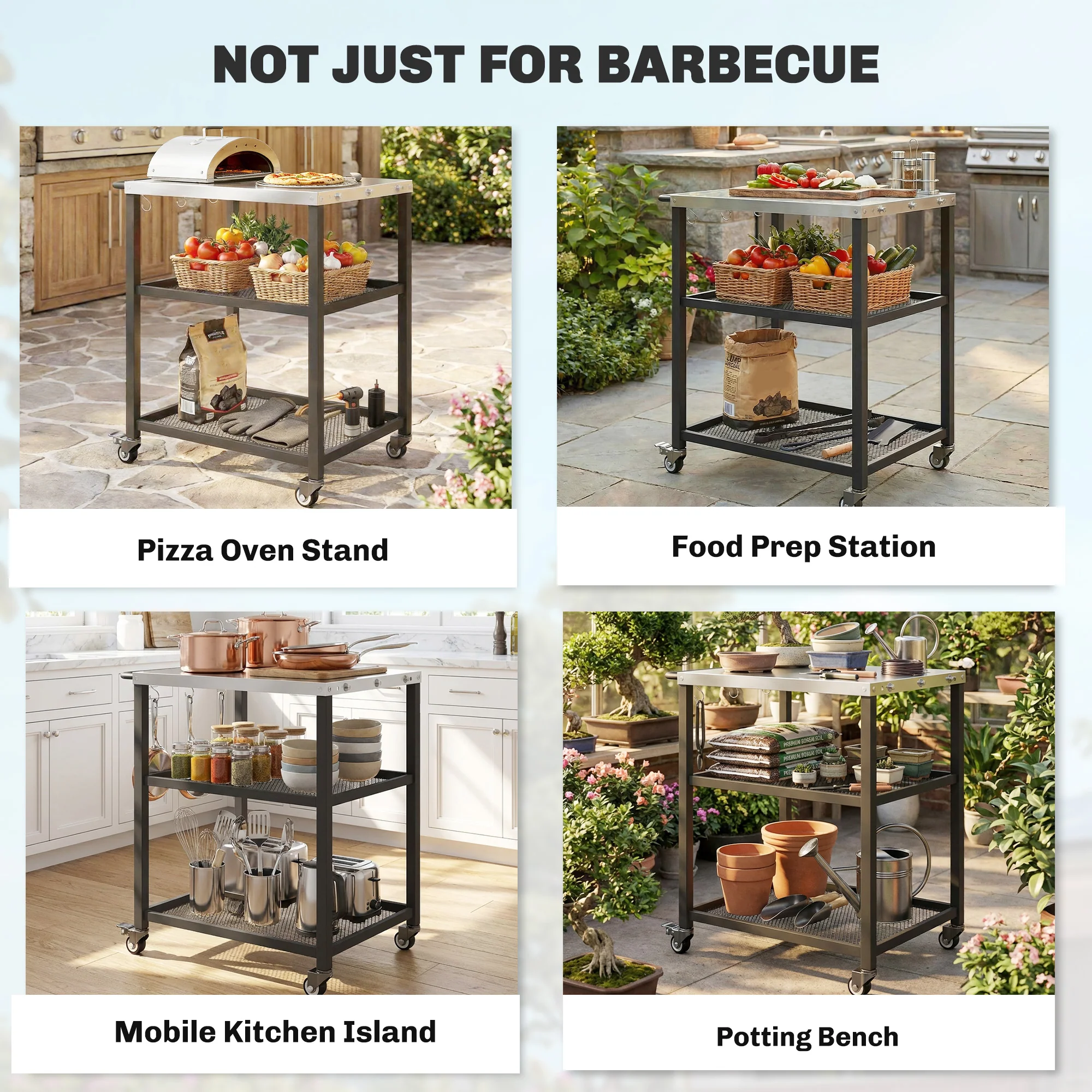 Outsunny Outdoor Grill Cart, Pizza Oven Stand with Adjustable Shelf, Hooks - Image 9