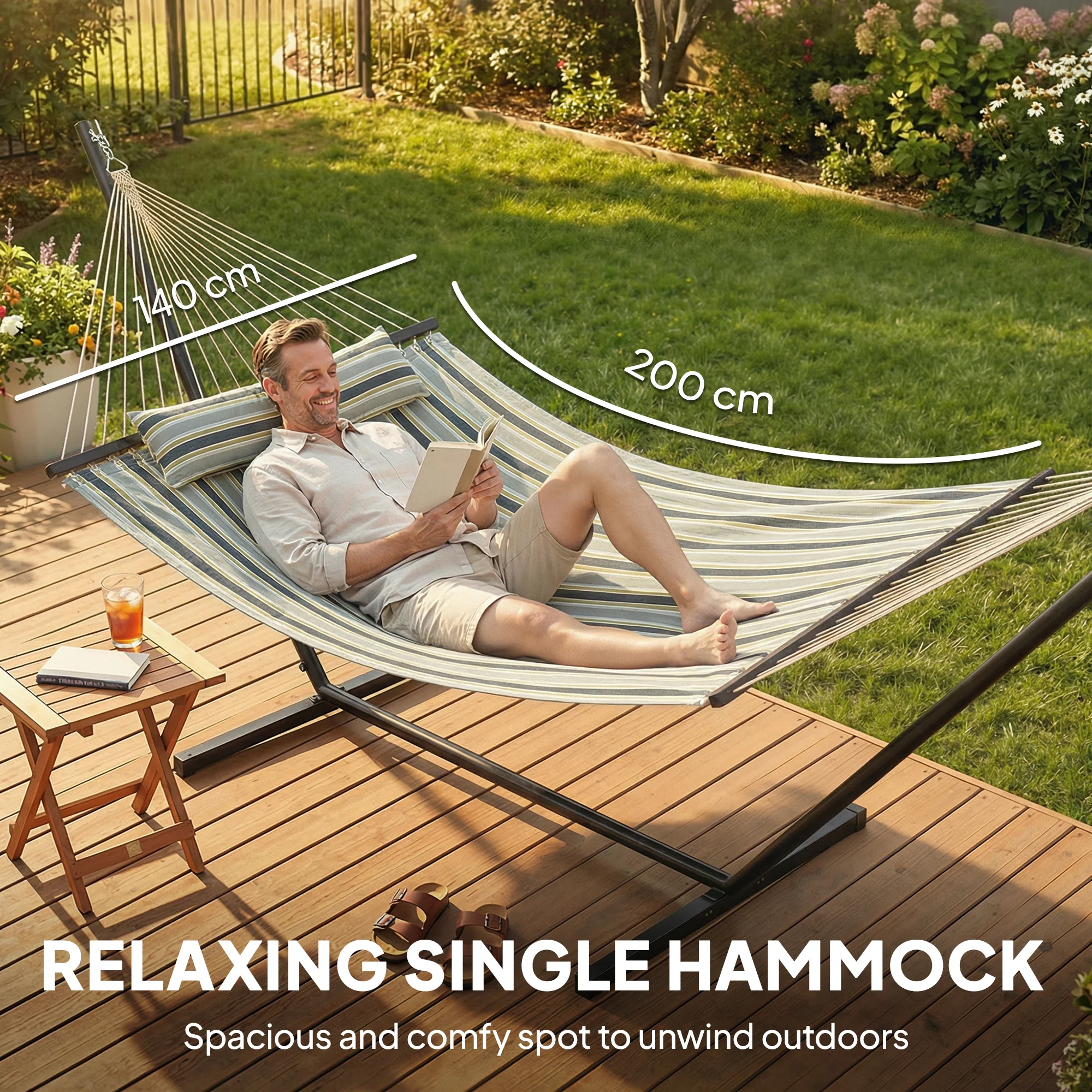 Outsunny Outdoor Hammock with Stand Detachable Pillow, 120kg Capacity, Green - Image 4