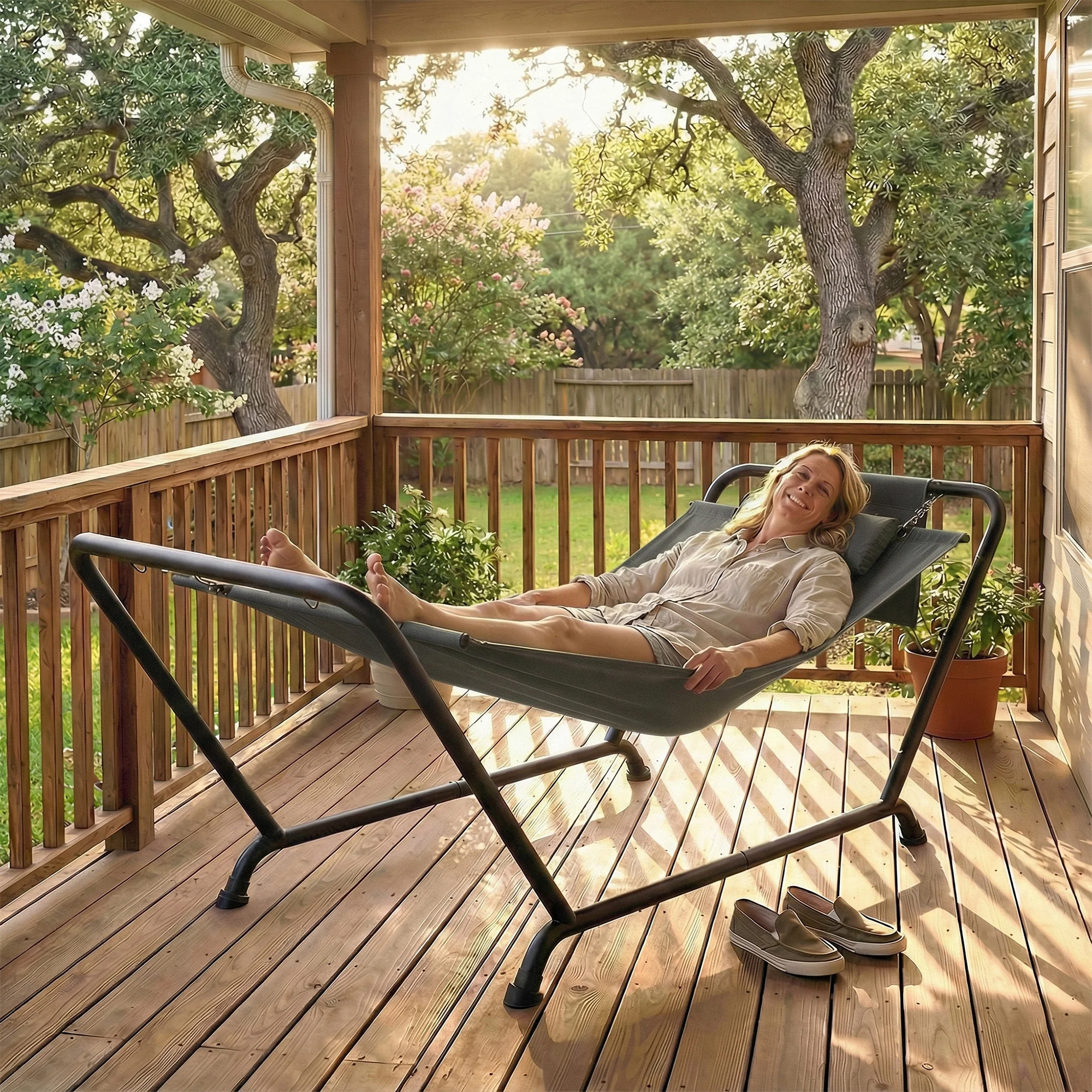 Outsunny Outdoor Hammock with Stand with Side Pocket, Headrest, Dark Grey - Image 9