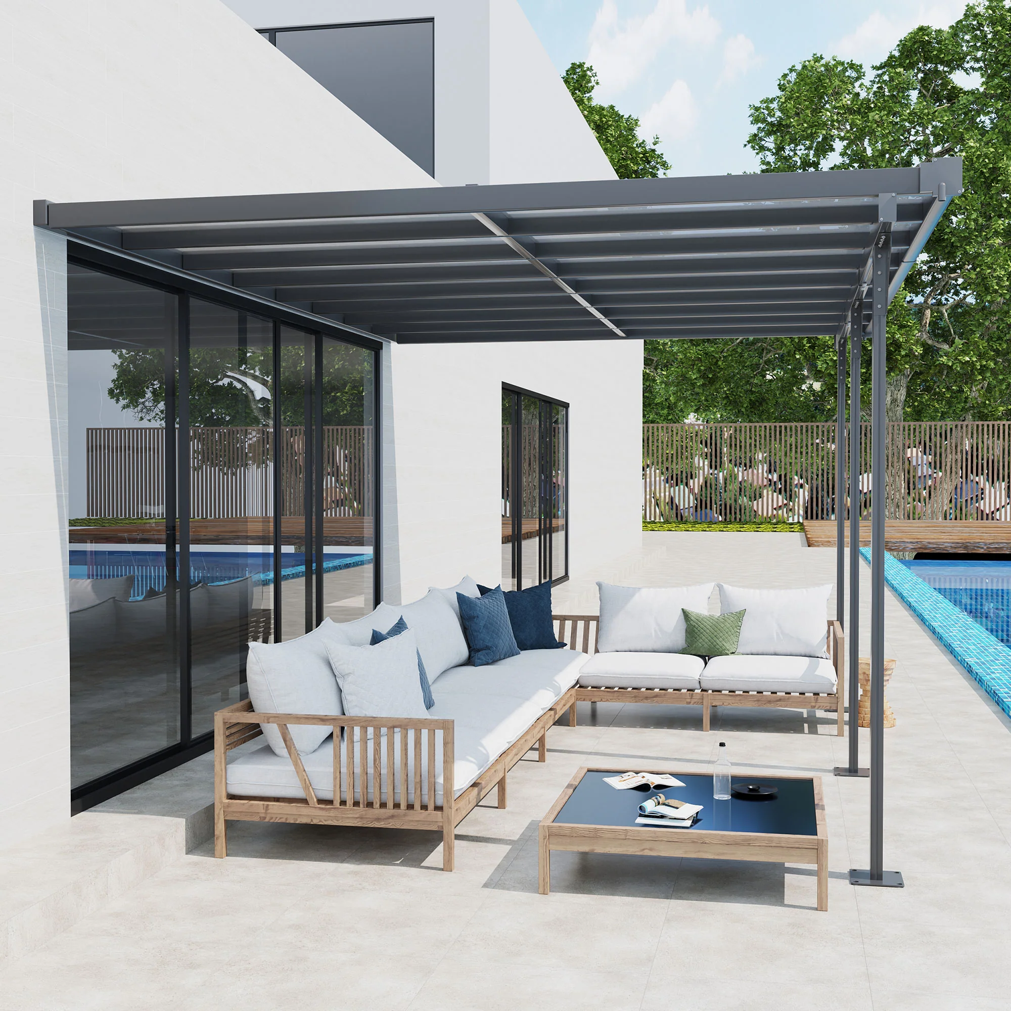 Outsunny Outdoor Patio Wall-mounted 4.35 X 3(m) Gazebo Pergola, Aluminum Post, PC Roof - Image 2