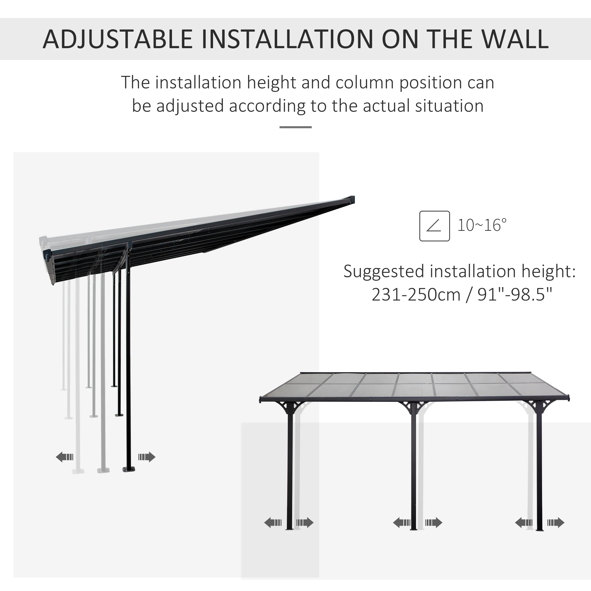 Outsunny Outdoor Patio Wall-mounted 4.35 X 3(m) Gazebo Pergola, Aluminum Post, PC Roof - Image 9