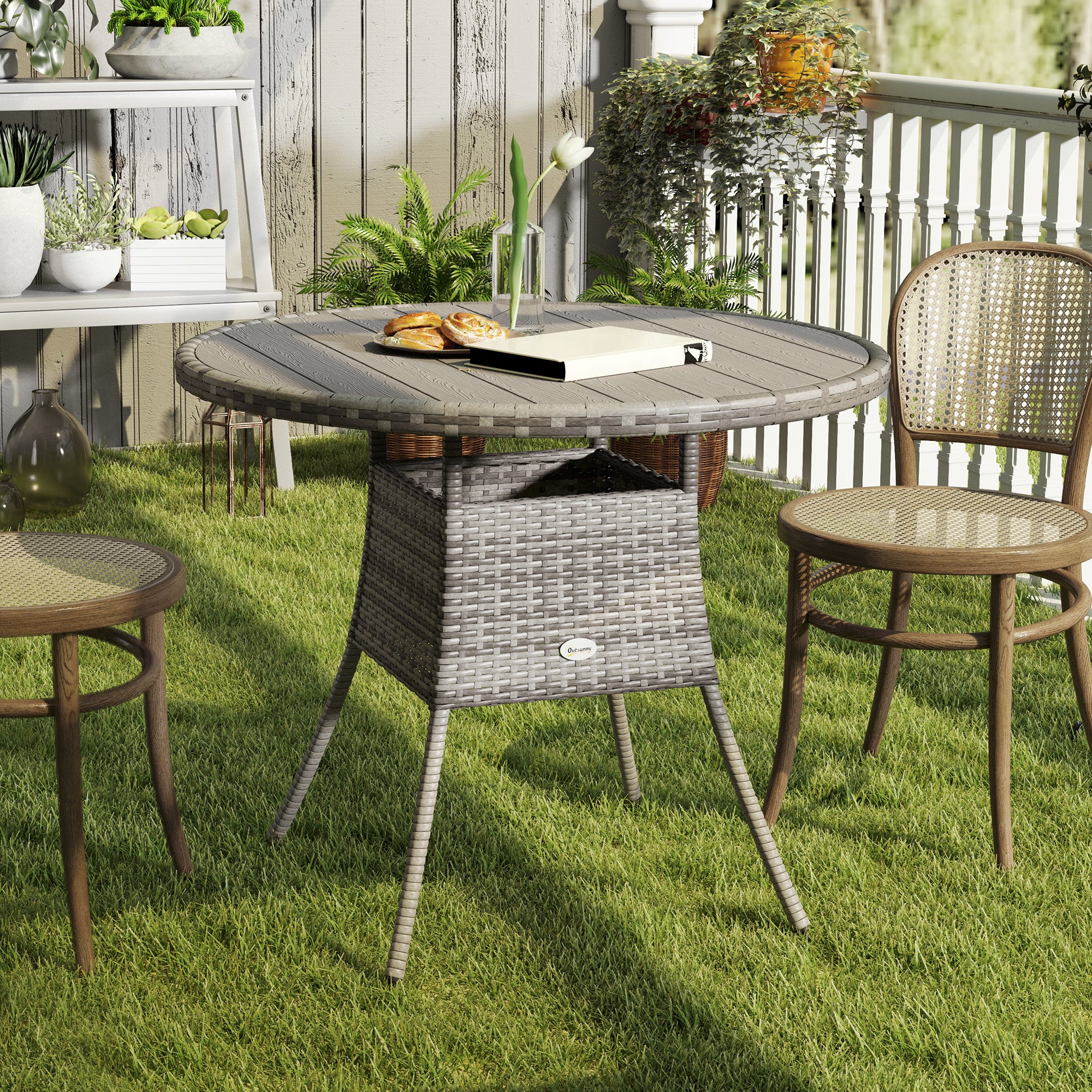Outsunny Outdoor PE Rattan Dining Table w/ Wood-plastic Composite Top, Grey - Image 11