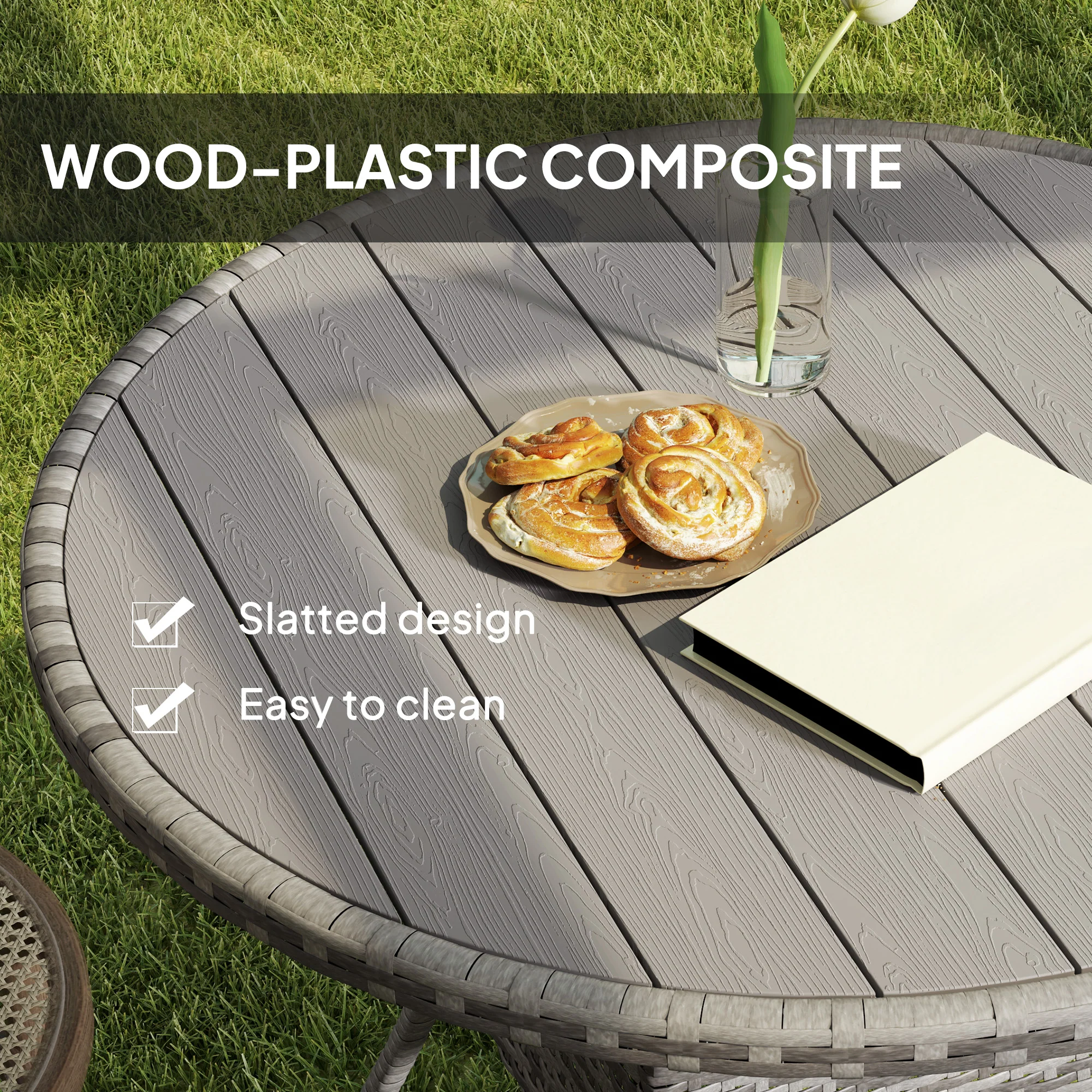 Outsunny Outdoor PE Rattan Dining Table w/ Wood-plastic Composite Top, Grey - Image 13
