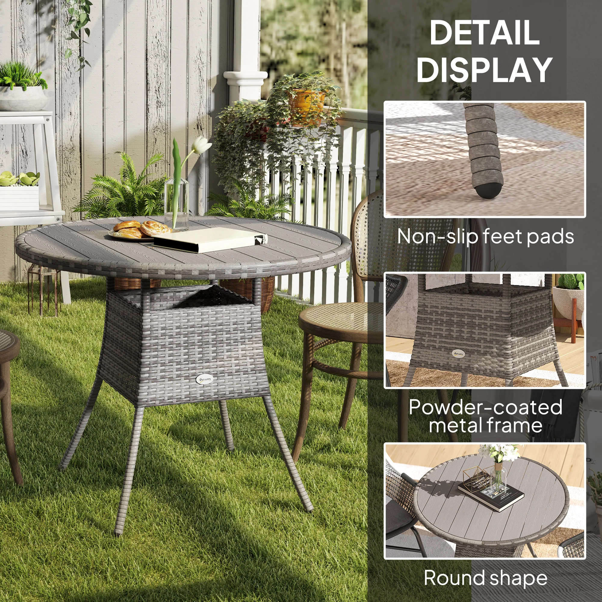 Outsunny Outdoor PE Rattan Dining Table w/ Wood-plastic Composite Top, Grey - Image 15
