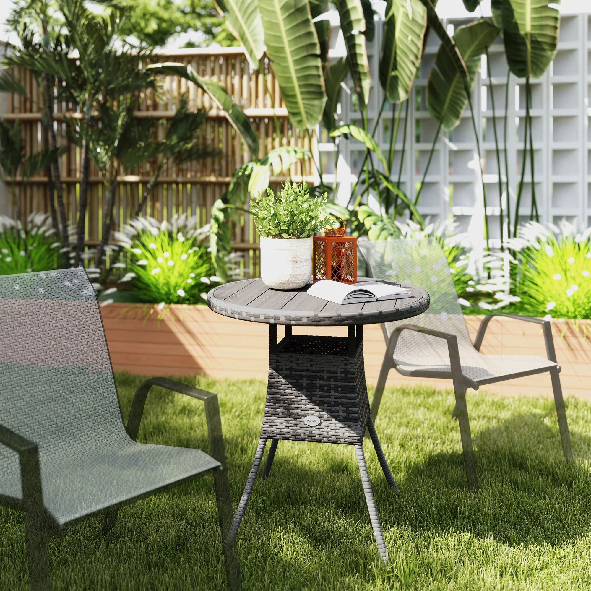 Outsunny Outdoor PE Rattan Dining Table w/ Wood-plastic Composite Top, Grey - Image 2