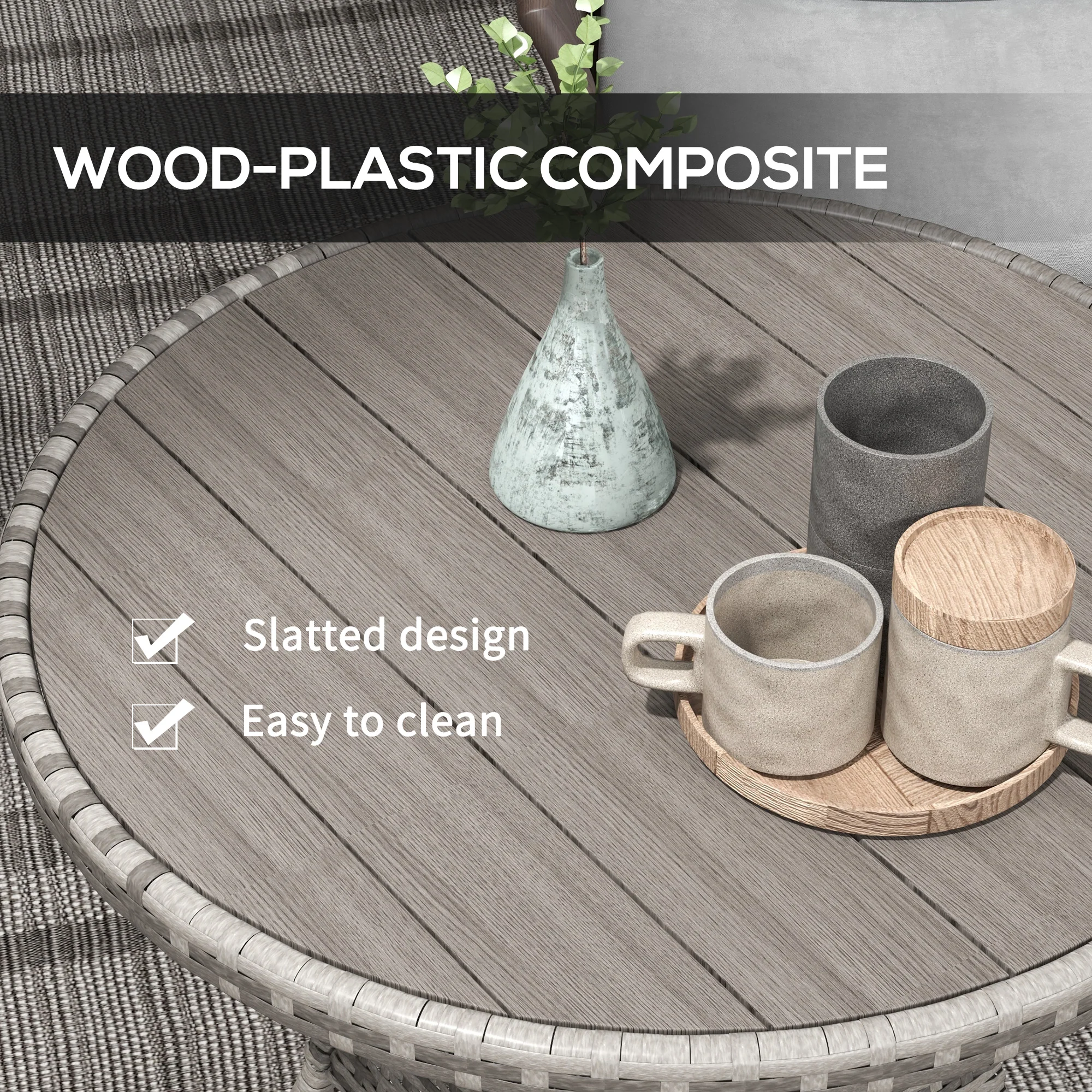 Outsunny Outdoor PE Rattan Dining Table w/ Wood-plastic Composite Top, Grey - Image 4