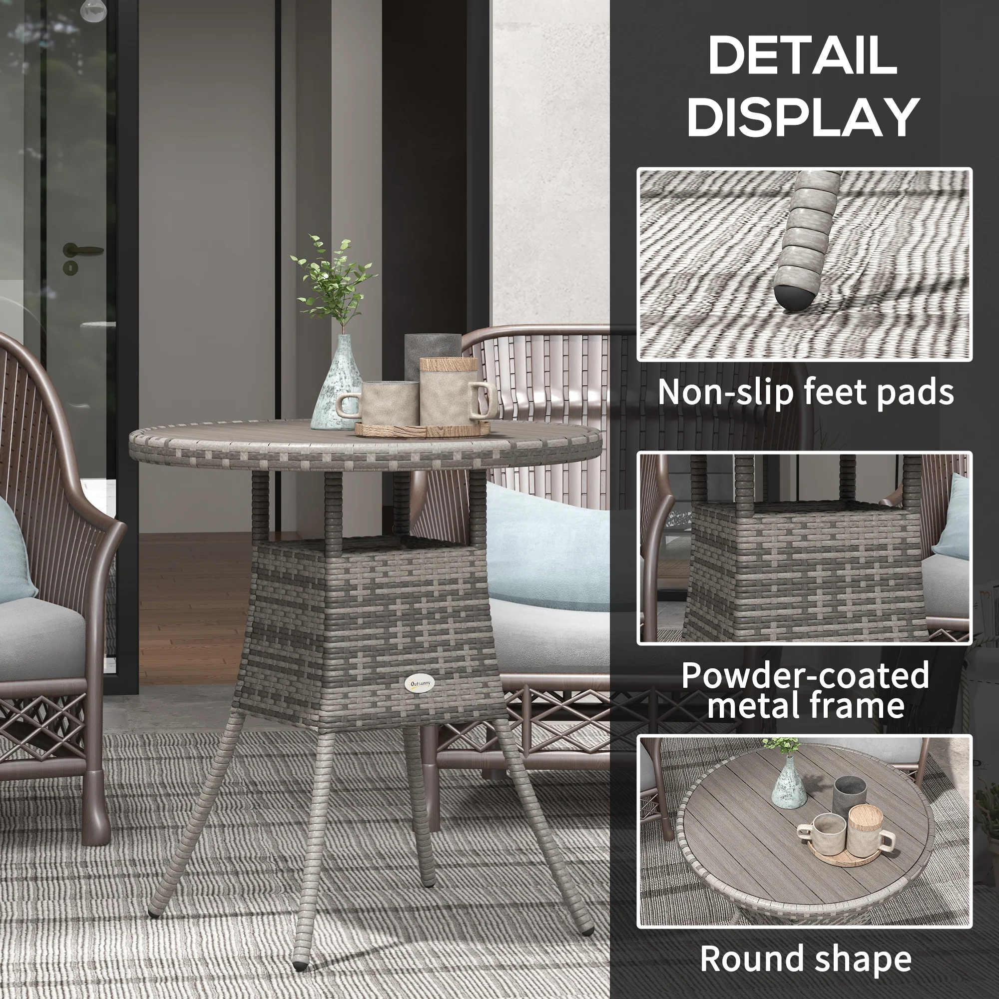 Outsunny Outdoor PE Rattan Dining Table w/ Wood-plastic Composite Top, Grey - Image 6