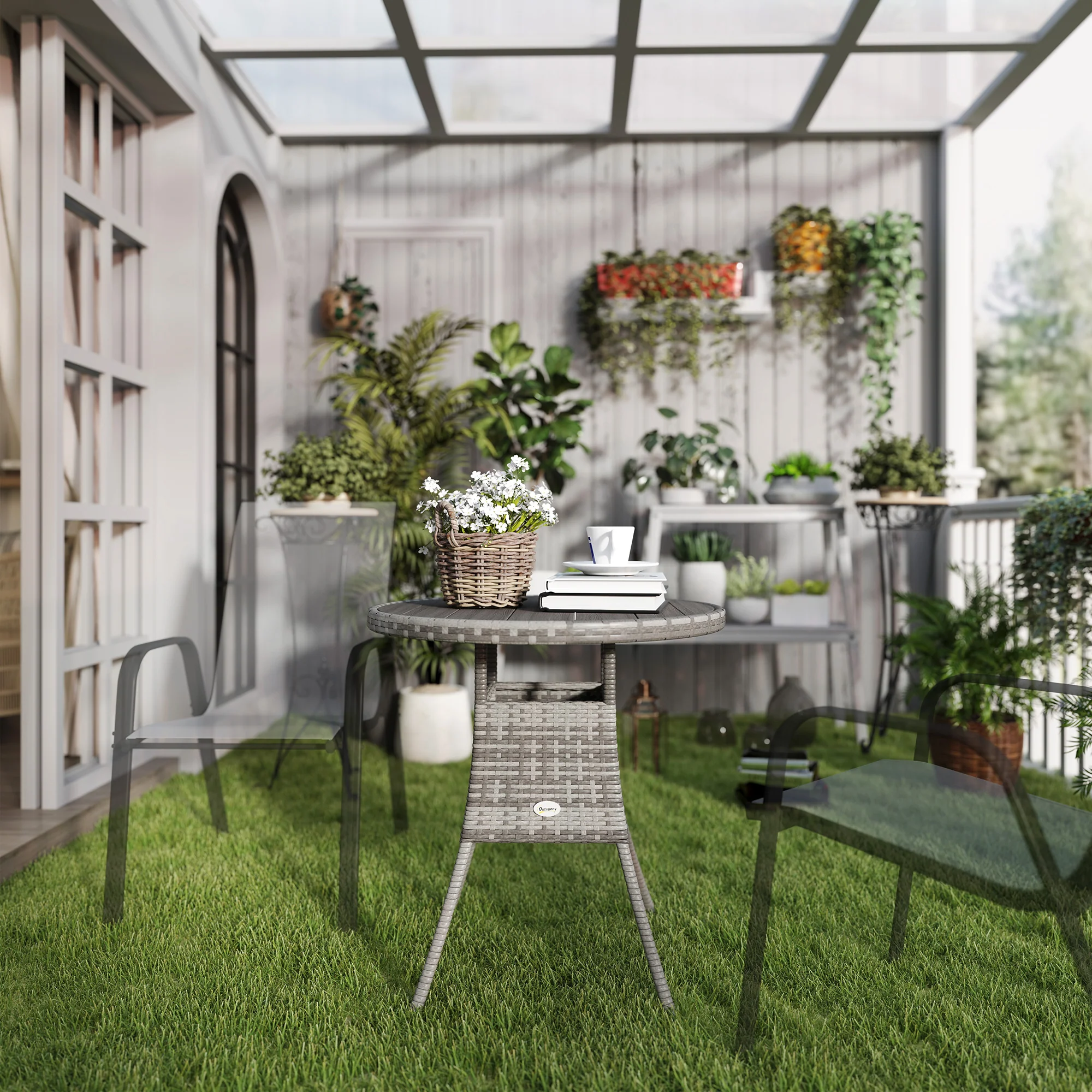 Outsunny Outdoor PE Rattan Dining Table w/ Wood-plastic Composite Top, Grey - Image 7