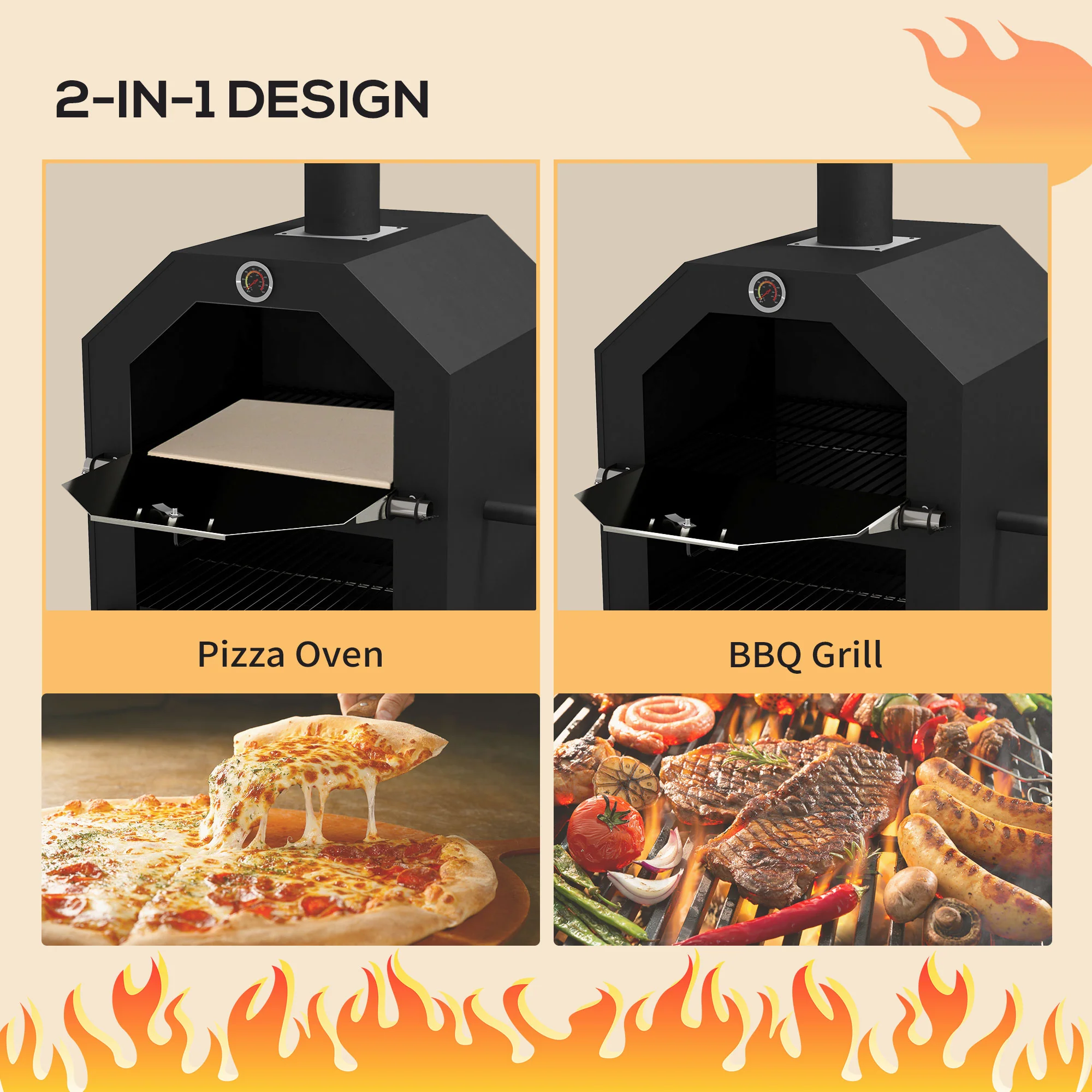 Outsunny Outdoor Pizza Oven Charcoal Grill With Rain Cover, Shelf And Wheels - Image 3
