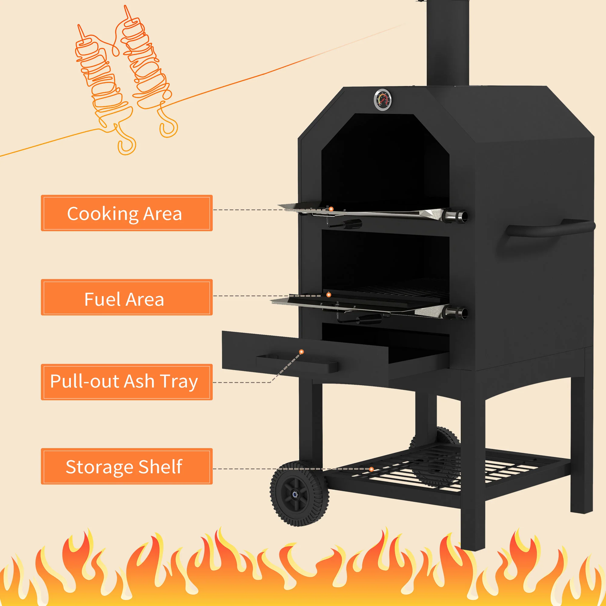 Outsunny Outdoor Pizza Oven Charcoal Grill With Rain Cover, Shelf And Wheels - Image 4