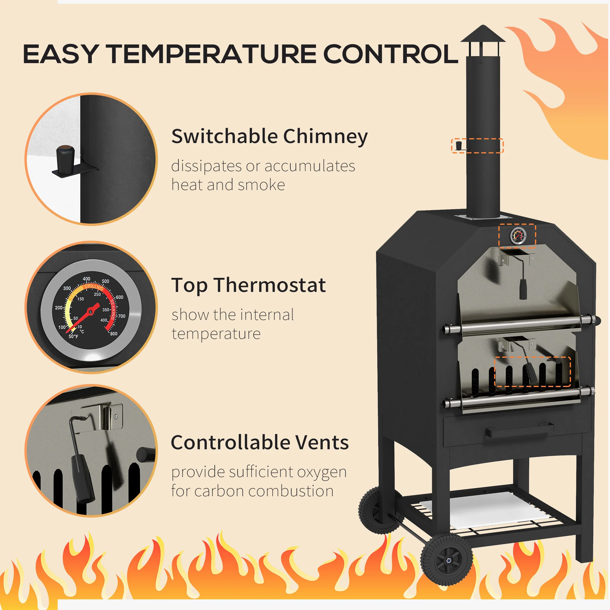 Outsunny Outdoor Pizza Oven Charcoal Grill With Rain Cover, Shelf And Wheels - Image 6