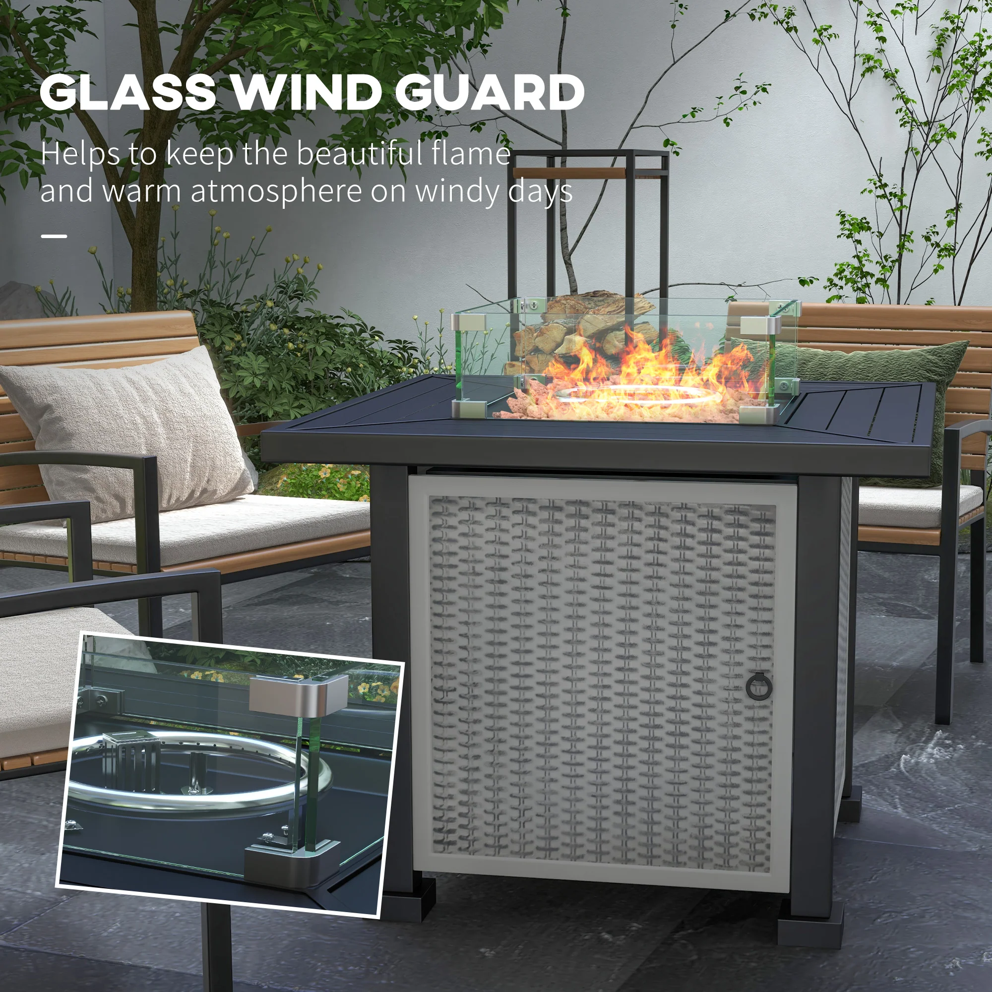 Outsunny Outdoor Propane Gas Fire Pit Table w/ Wind Screen & Glass Beads, Grey - Image 7