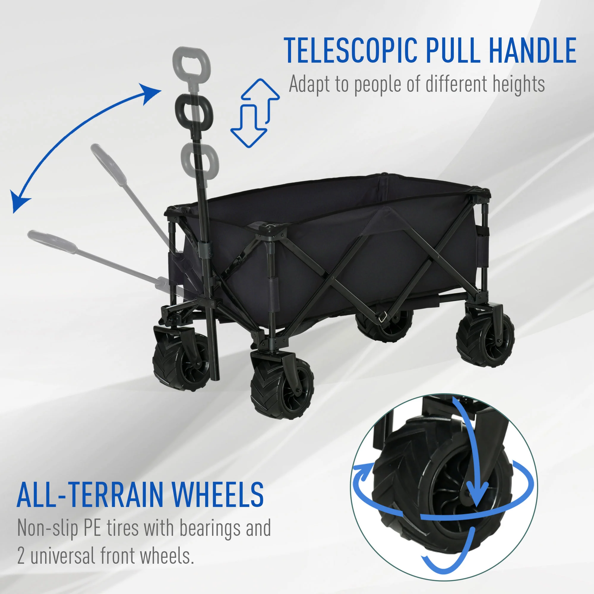 Outsunny Outdoor Pull Along Garden Trolley on Wheels Folding Beach Cart Black - Image 3