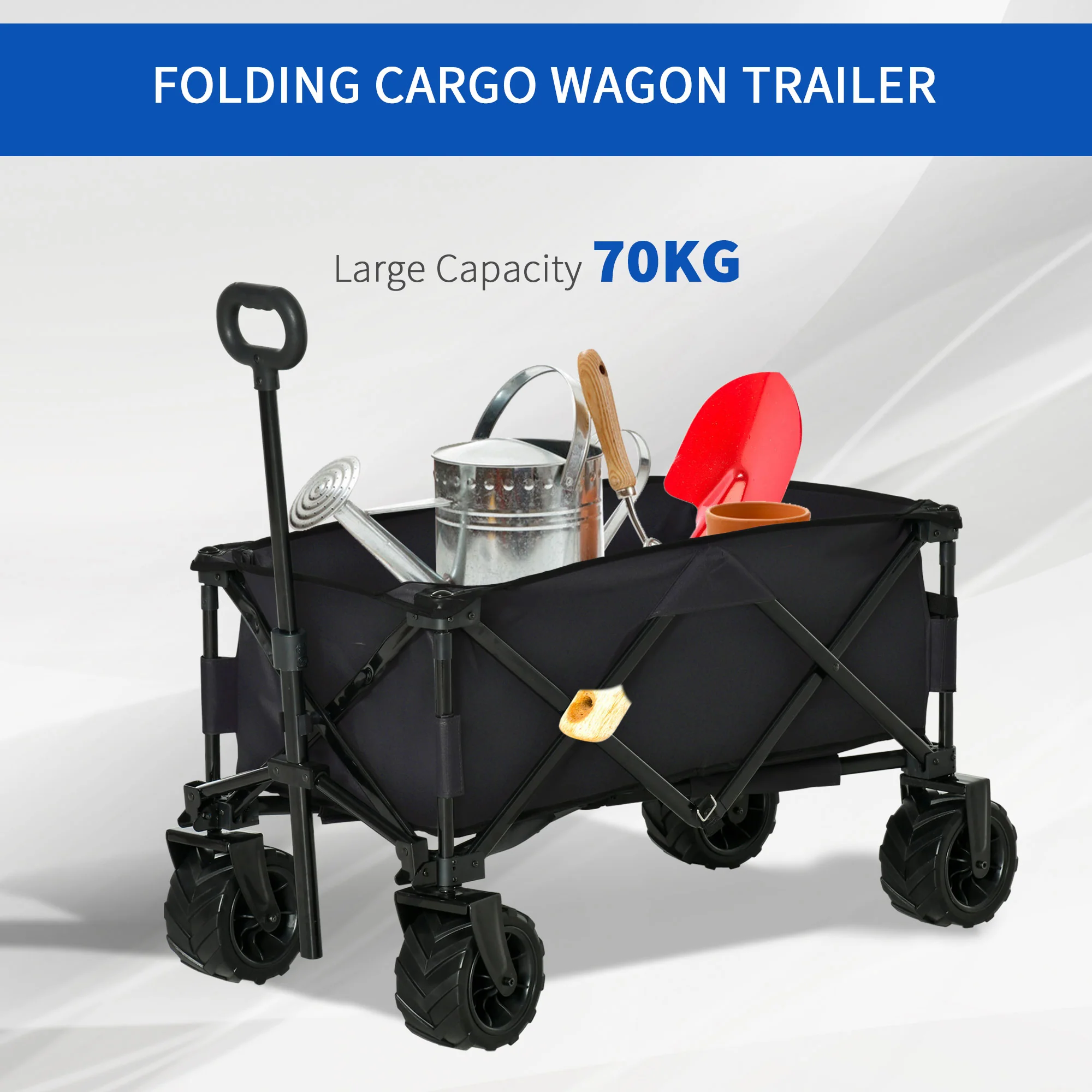 Outsunny Outdoor Pull Along Garden Trolley on Wheels Folding Beach Cart Black - Image 7