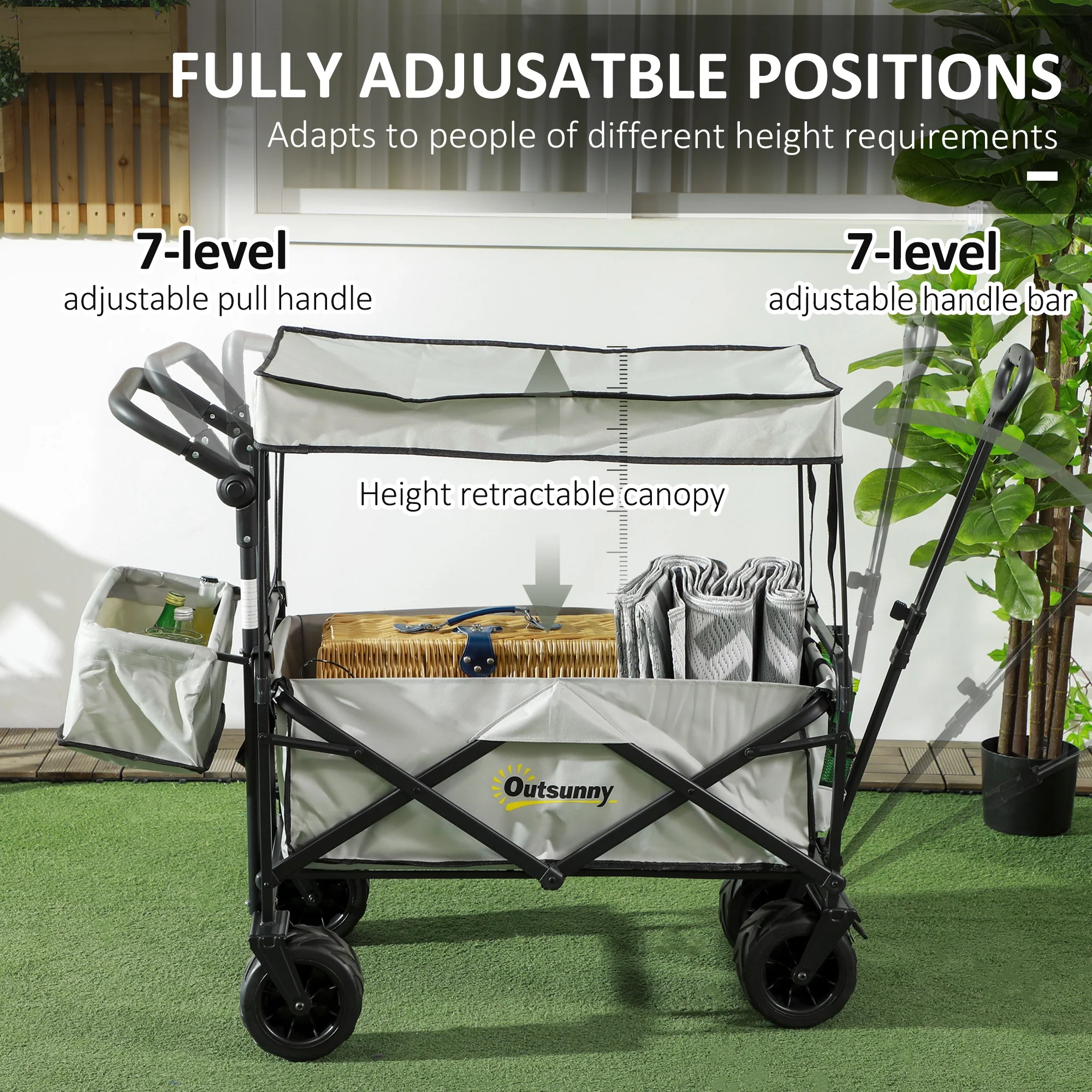 Outsunny Outdoor Push Pull Wagon Stroller Cart W/ Canopy Top Grey - Image 4