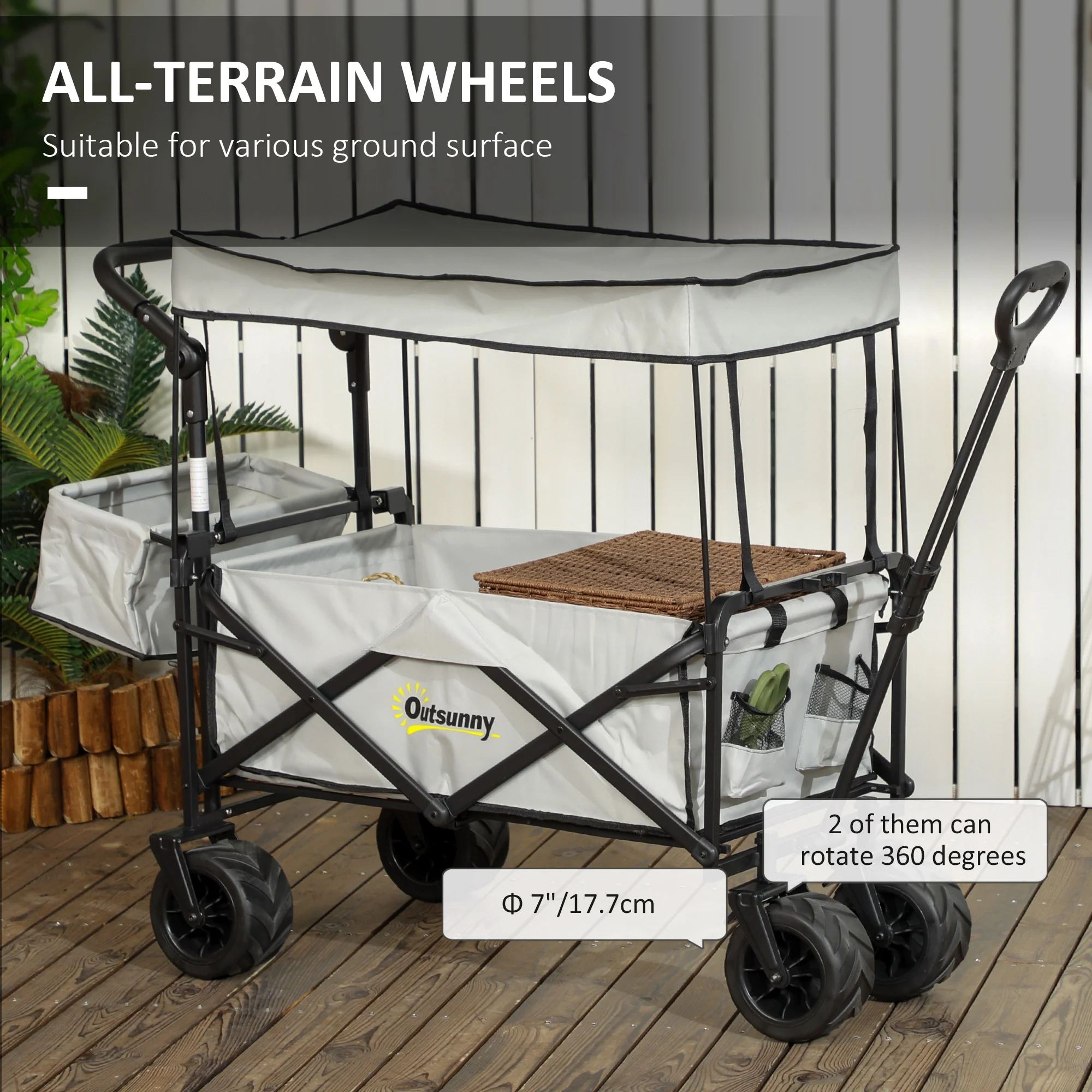 Outsunny Outdoor Push Pull Wagon Stroller Cart W/ Canopy Top Grey - Image 6