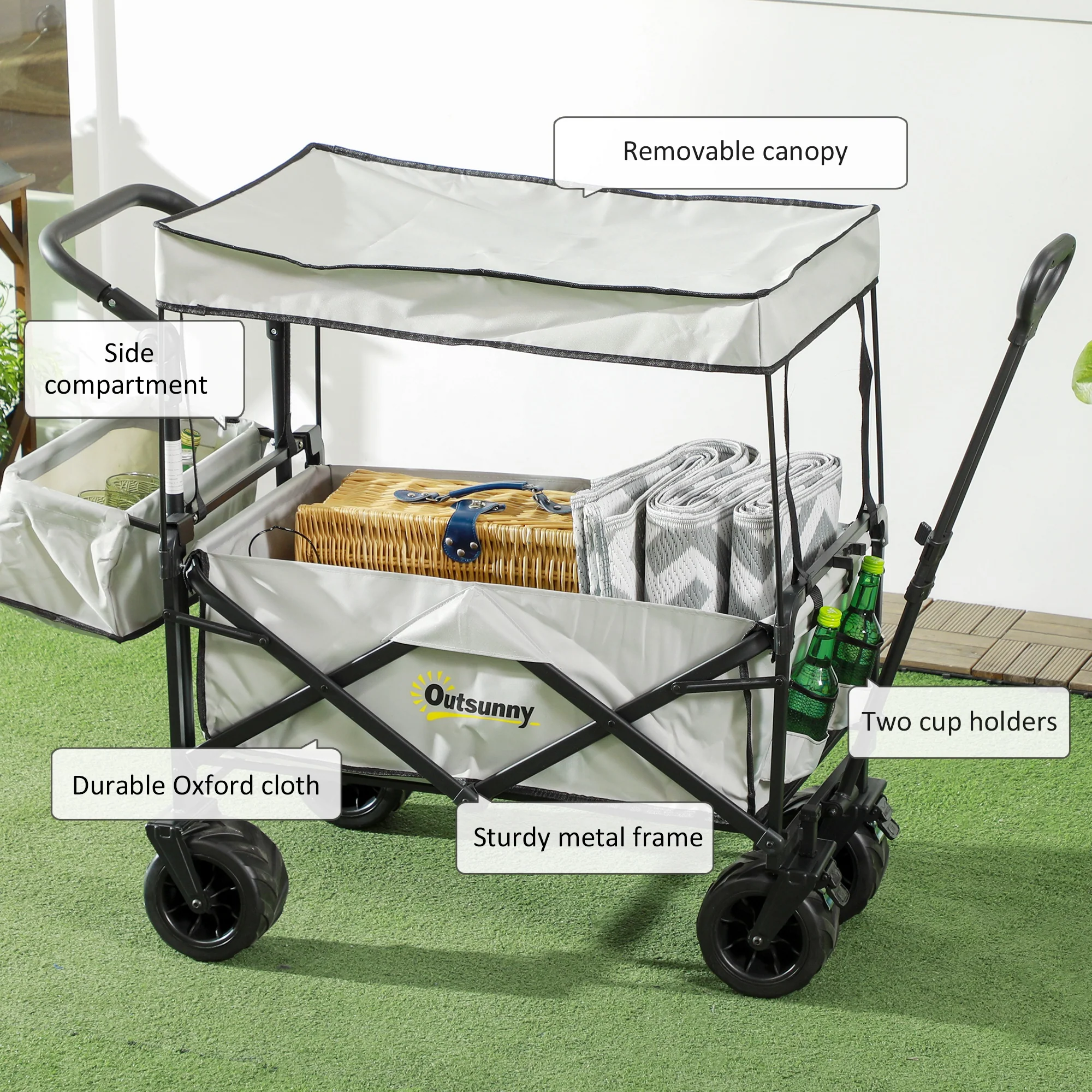 Outsunny Outdoor Push Pull Wagon Stroller Cart W/ Canopy Top Grey - Image 7