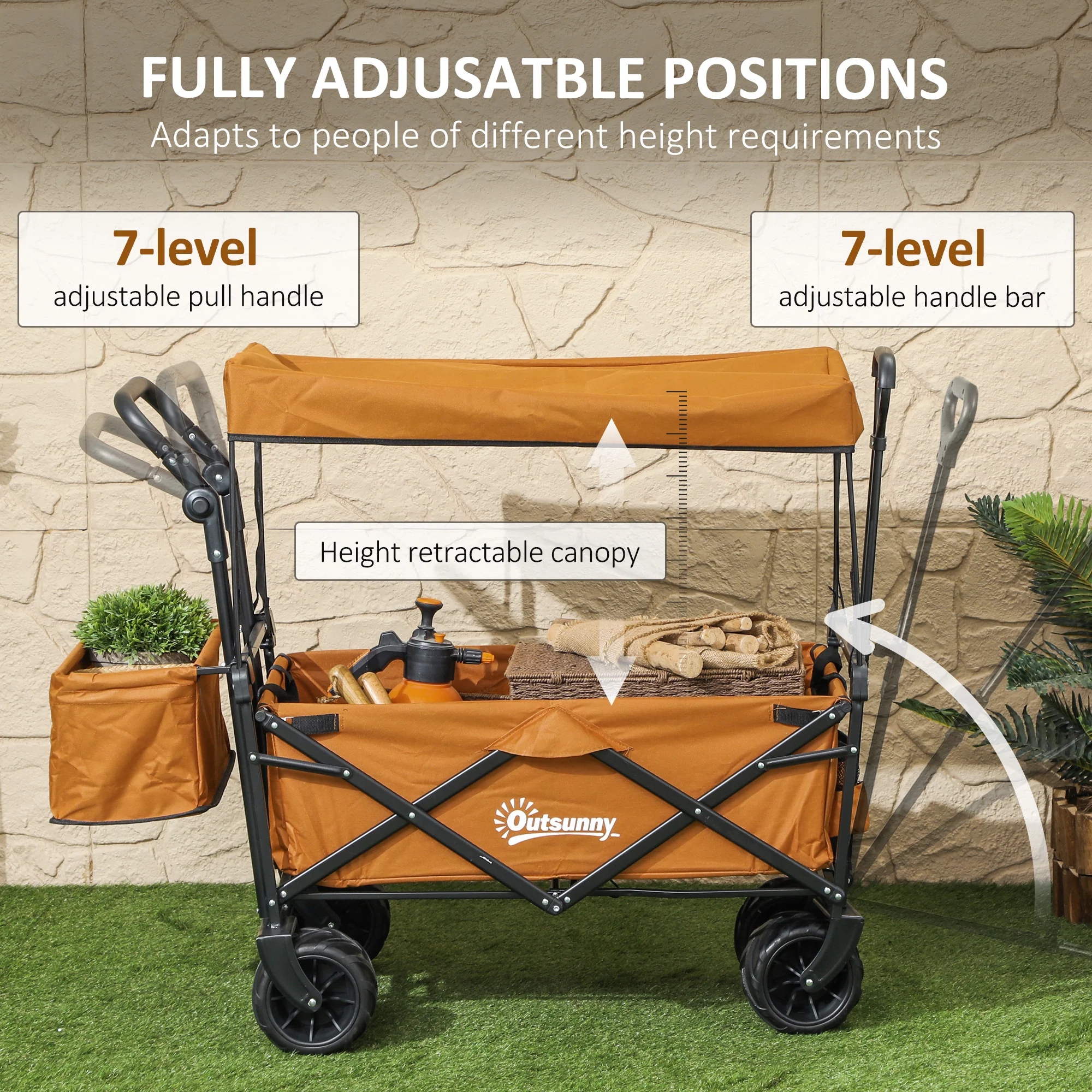 Outsunny Outdoor Push Pull Wagon Stroller Cart W/ Canopy Top Orange - Image 4