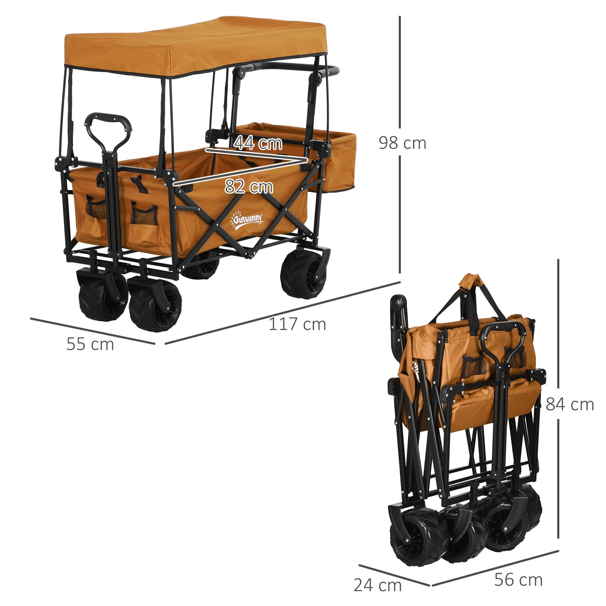 Outsunny Outdoor Push Pull Wagon Stroller Cart W/ Canopy Top Orange - Image 5