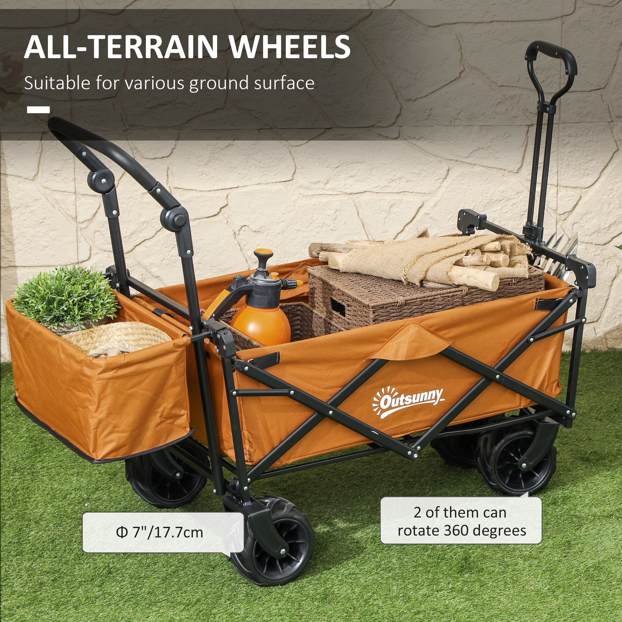 Outsunny Outdoor Push Pull Wagon Stroller Cart W/ Canopy Top Orange - Image 6