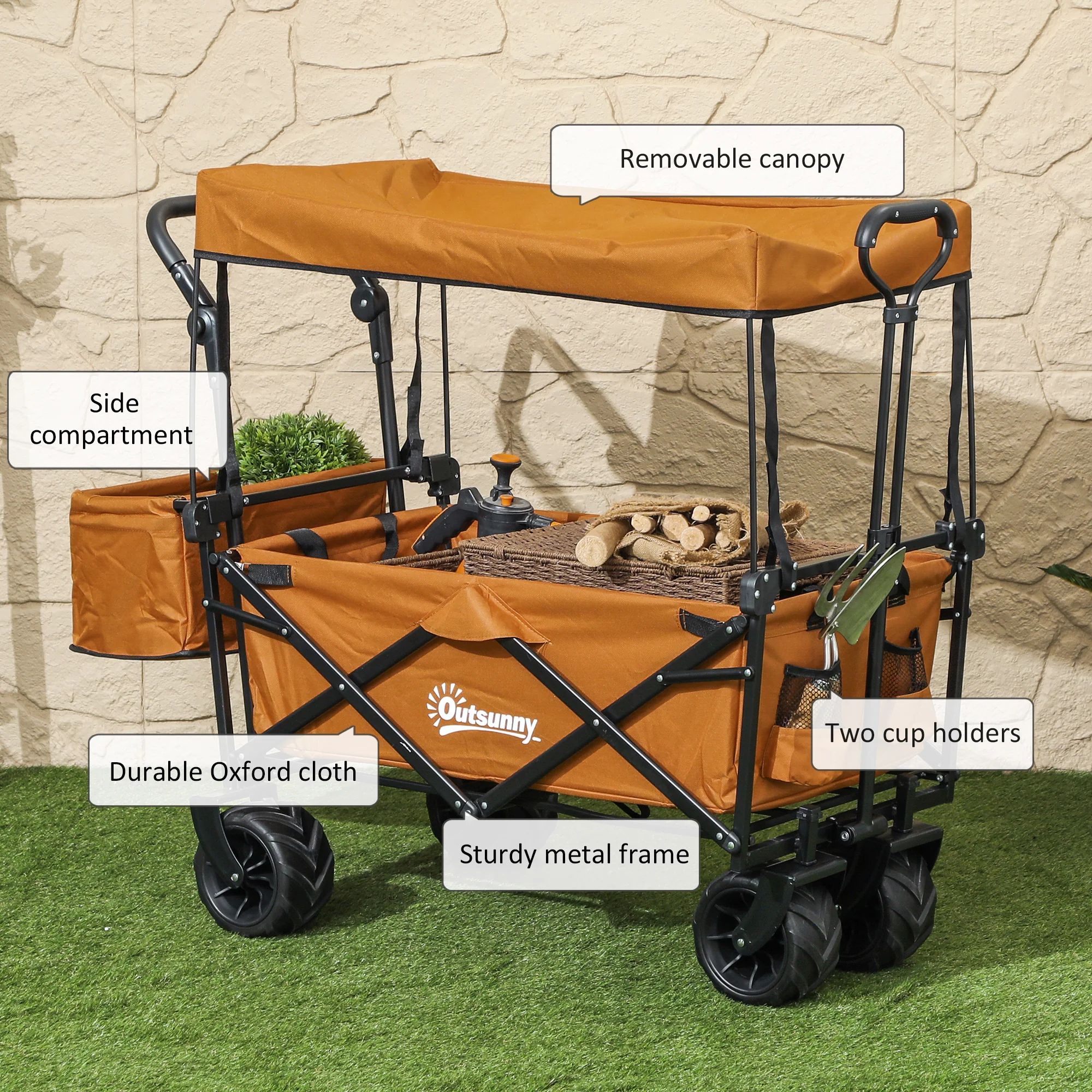 Outsunny Outdoor Push Pull Wagon Stroller Cart W/ Canopy Top Orange - Image 7