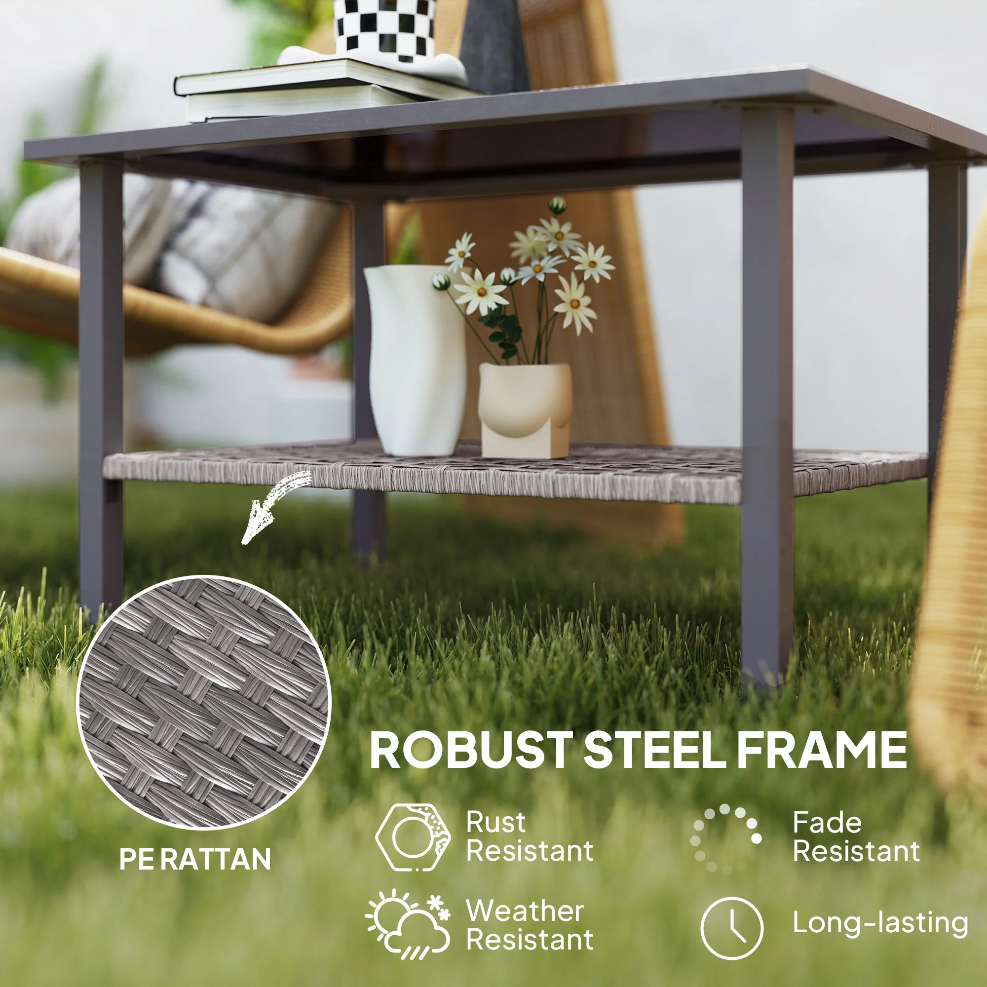 Outsunny Outdoor Rattan Coffee Table, Rectangular Tea Side Table, Mixed-grey - Image 6