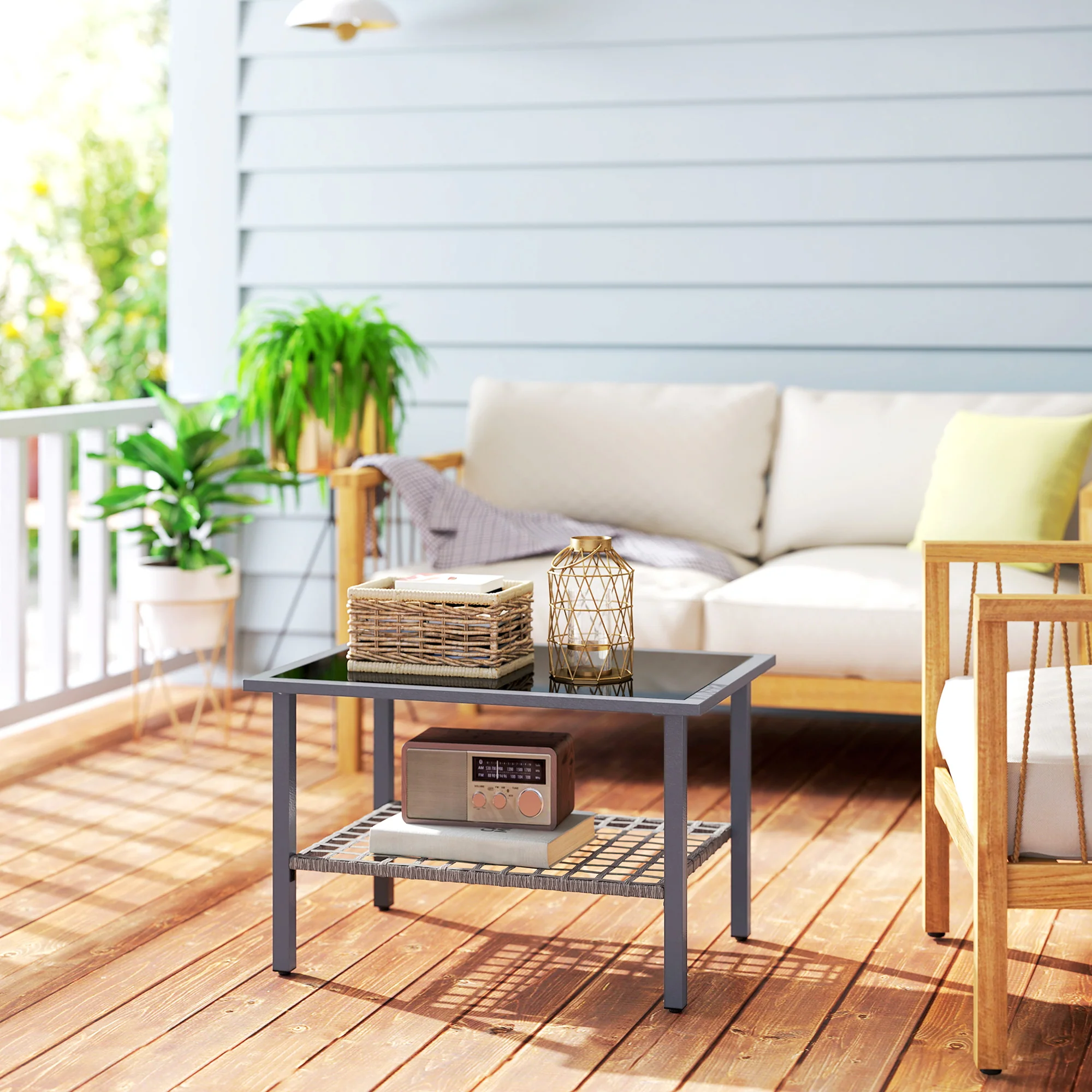 Outsunny Outdoor Rattan Coffee Table, Rectangular Tea Side Table, Mixed-grey - Image 9