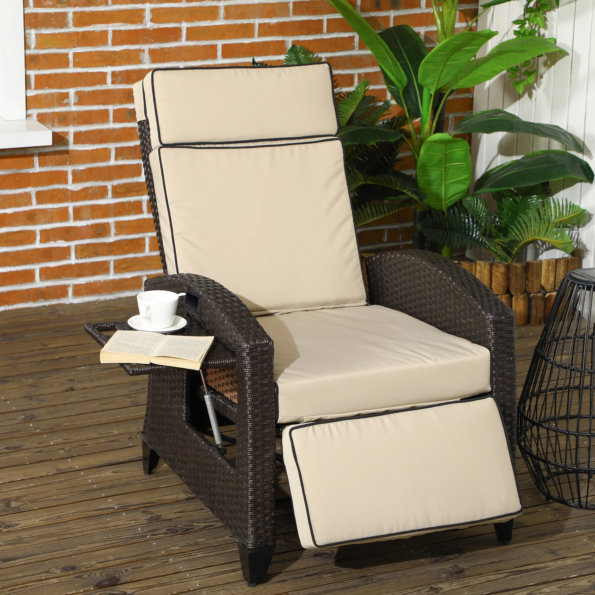 Outsunny Outdoor Recliner Chair W/ Cushion Rattan Reclining Lounge Chair - Image 11