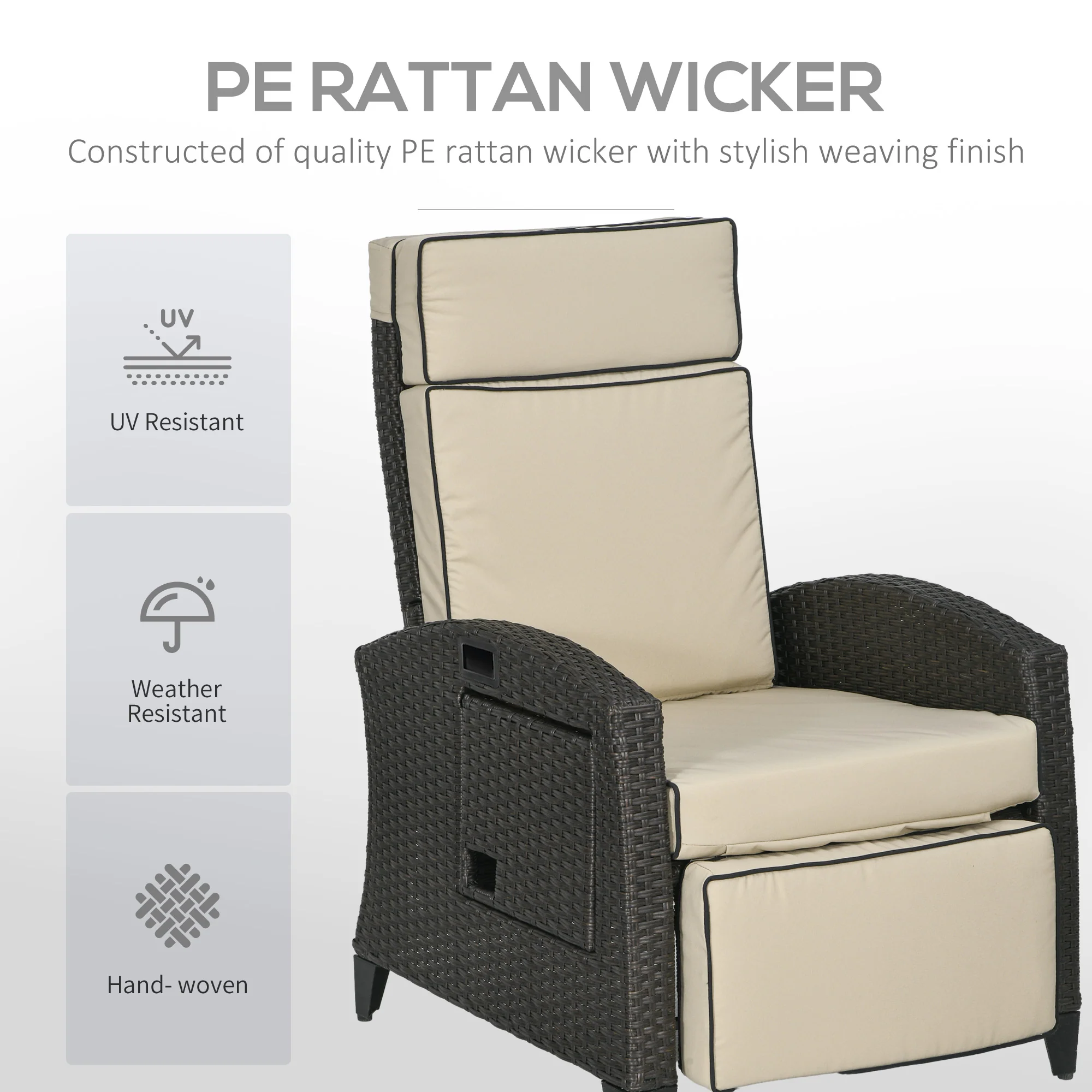 Outsunny Outdoor Recliner Chair W/ Cushion Rattan Reclining Lounge Chair - Image 13