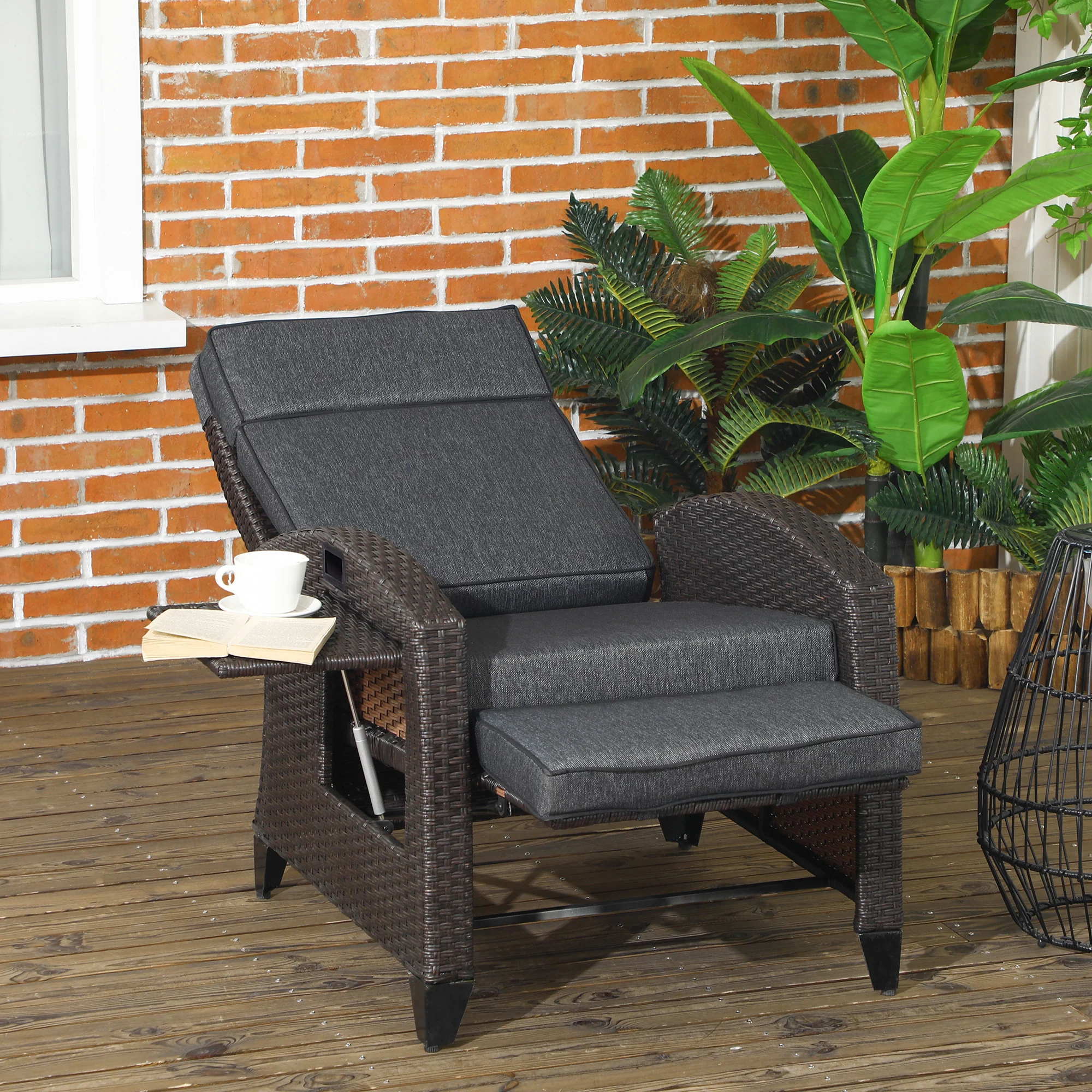 Outsunny Outdoor Recliner Chair W/ Cushion Rattan Reclining Lounge Chair - Image 2