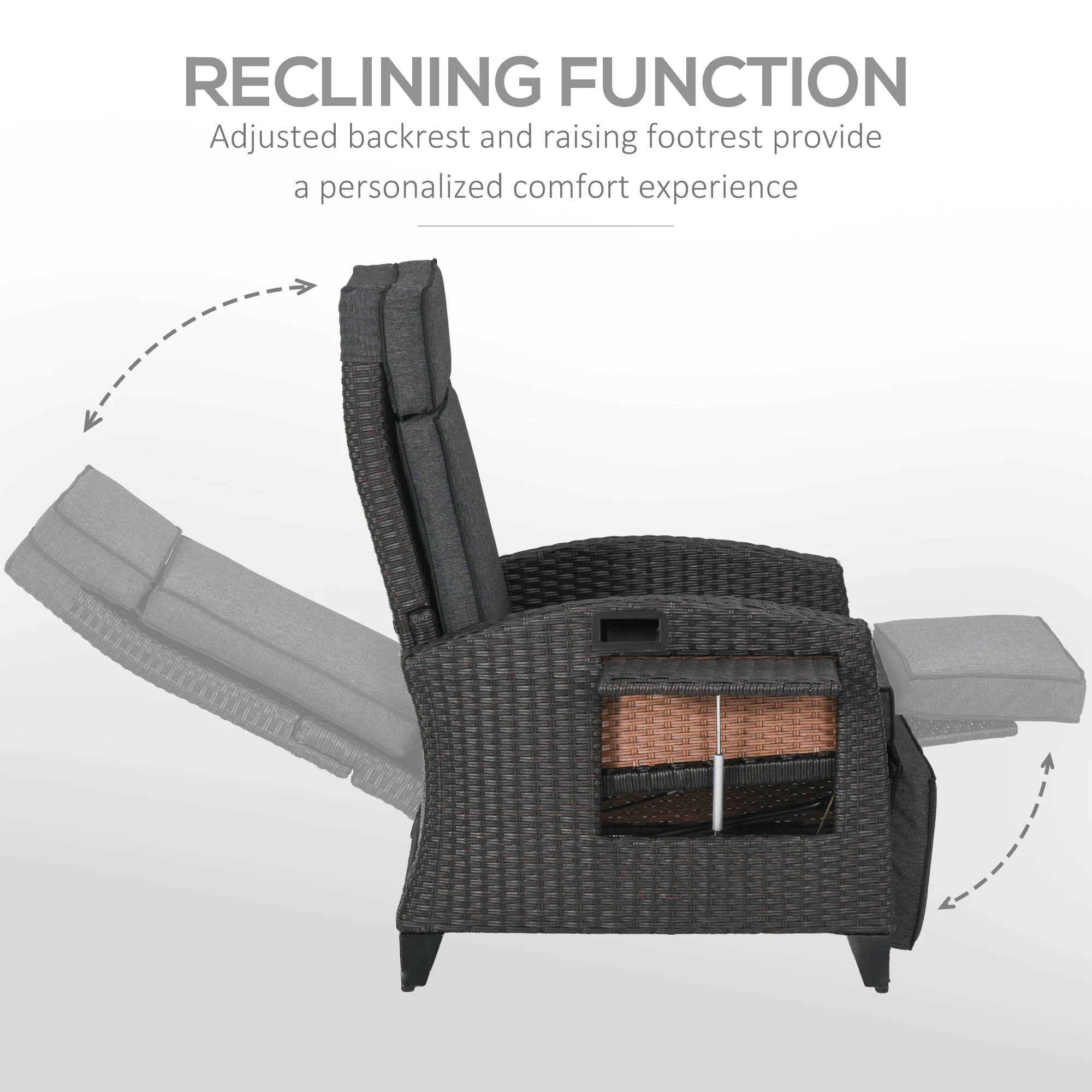 Outsunny Outdoor Recliner Chair W/ Cushion Rattan Reclining Lounge Chair - Image 3