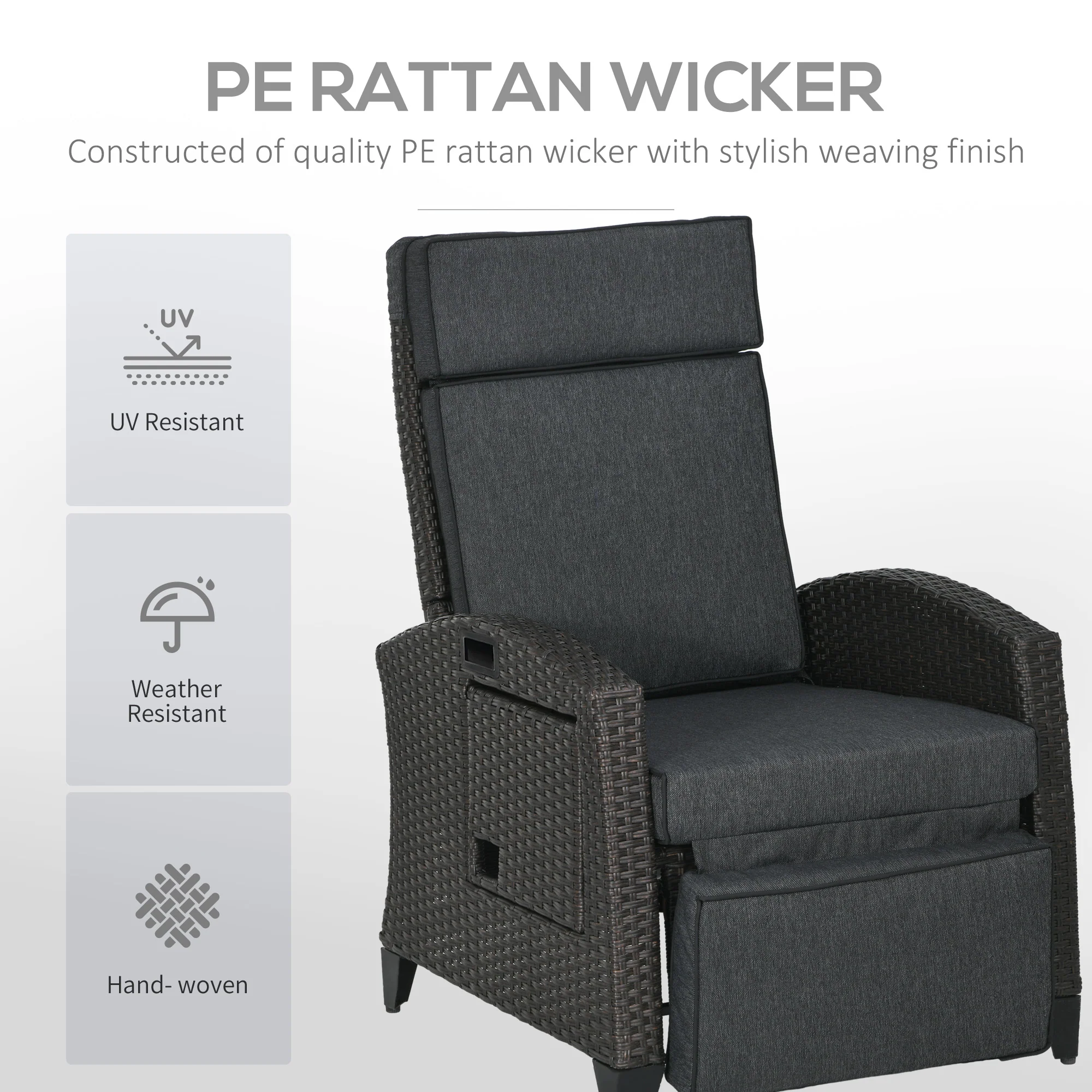Outsunny Outdoor Recliner Chair W/ Cushion Rattan Reclining Lounge Chair - Image 4