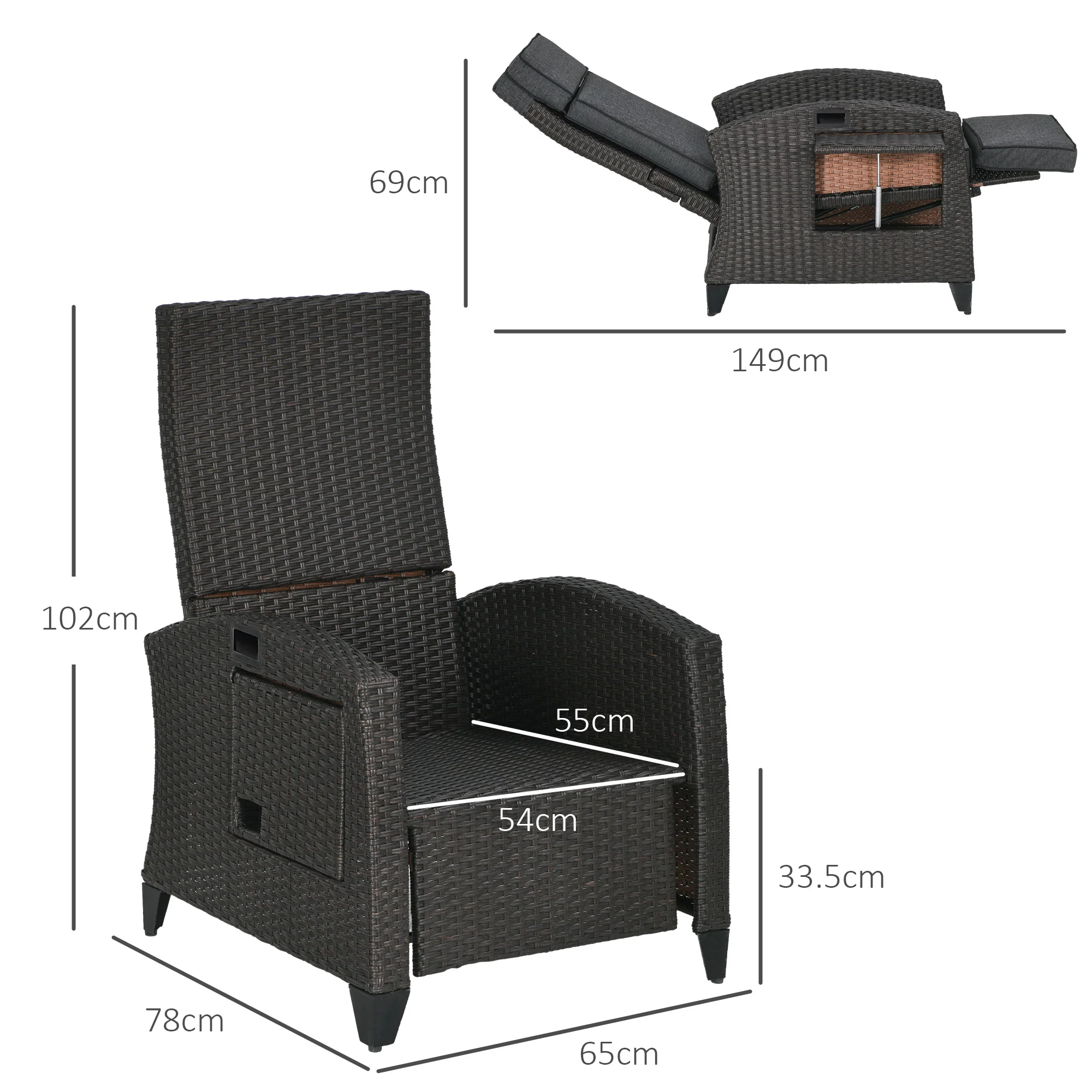 Outsunny Outdoor Recliner Chair W/ Cushion Rattan Reclining Lounge Chair - Image 5