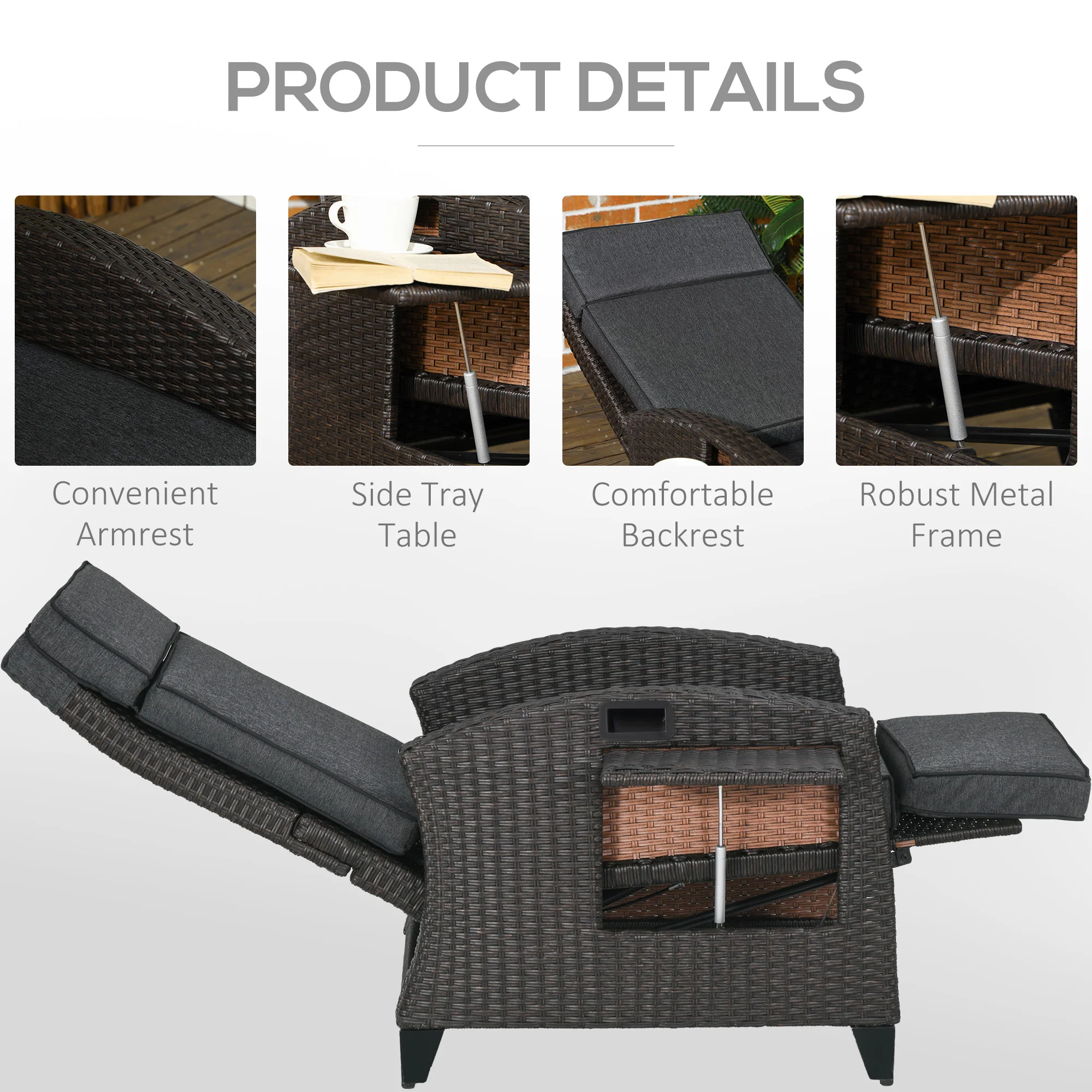 Outsunny Outdoor Recliner Chair W/ Cushion Rattan Reclining Lounge Chair - Image 6