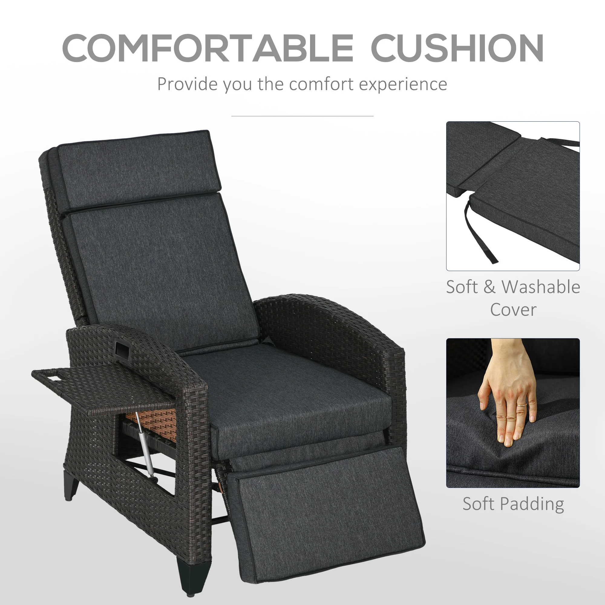 Outsunny Outdoor Recliner Chair W/ Cushion Rattan Reclining Lounge Chair - Image 7