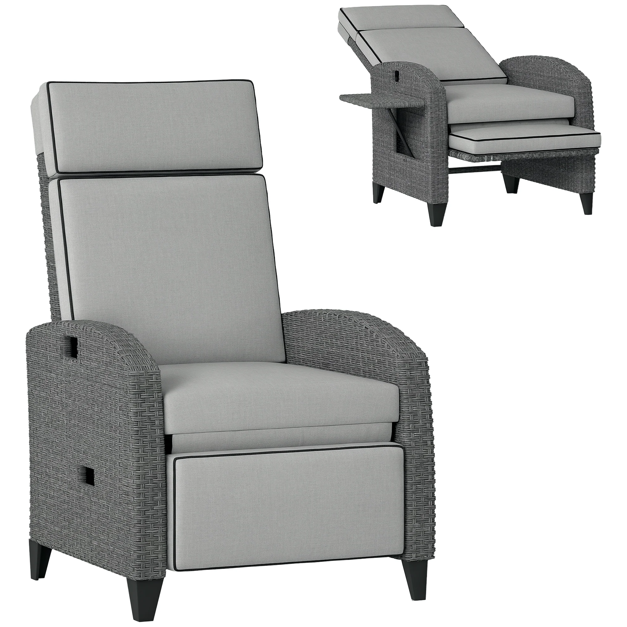 Outsunny Outdoor Recliner Chair w/ Cushion Rattan Reclining Lounge Chair, Grey