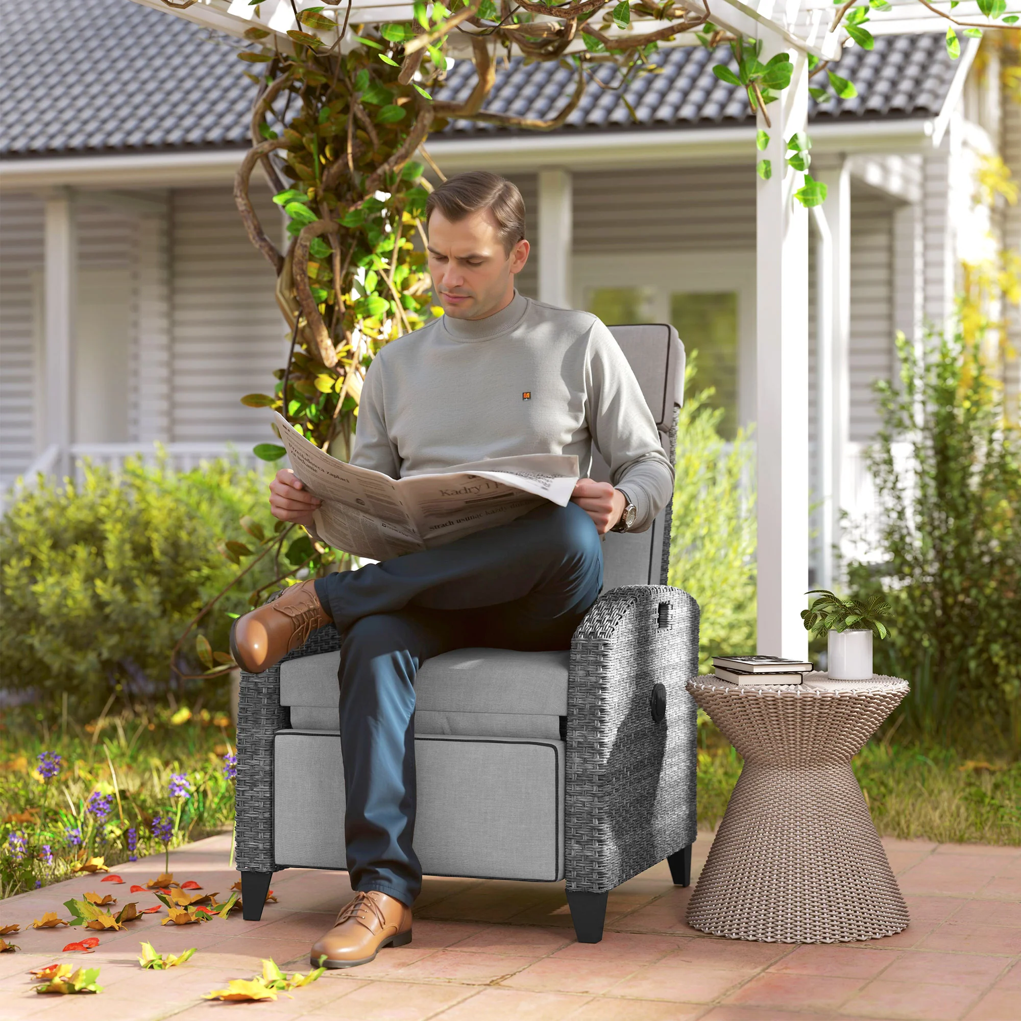 Outsunny Outdoor Recliner Chair w/ Cushion Rattan Reclining Lounge Chair, Grey - Image 2