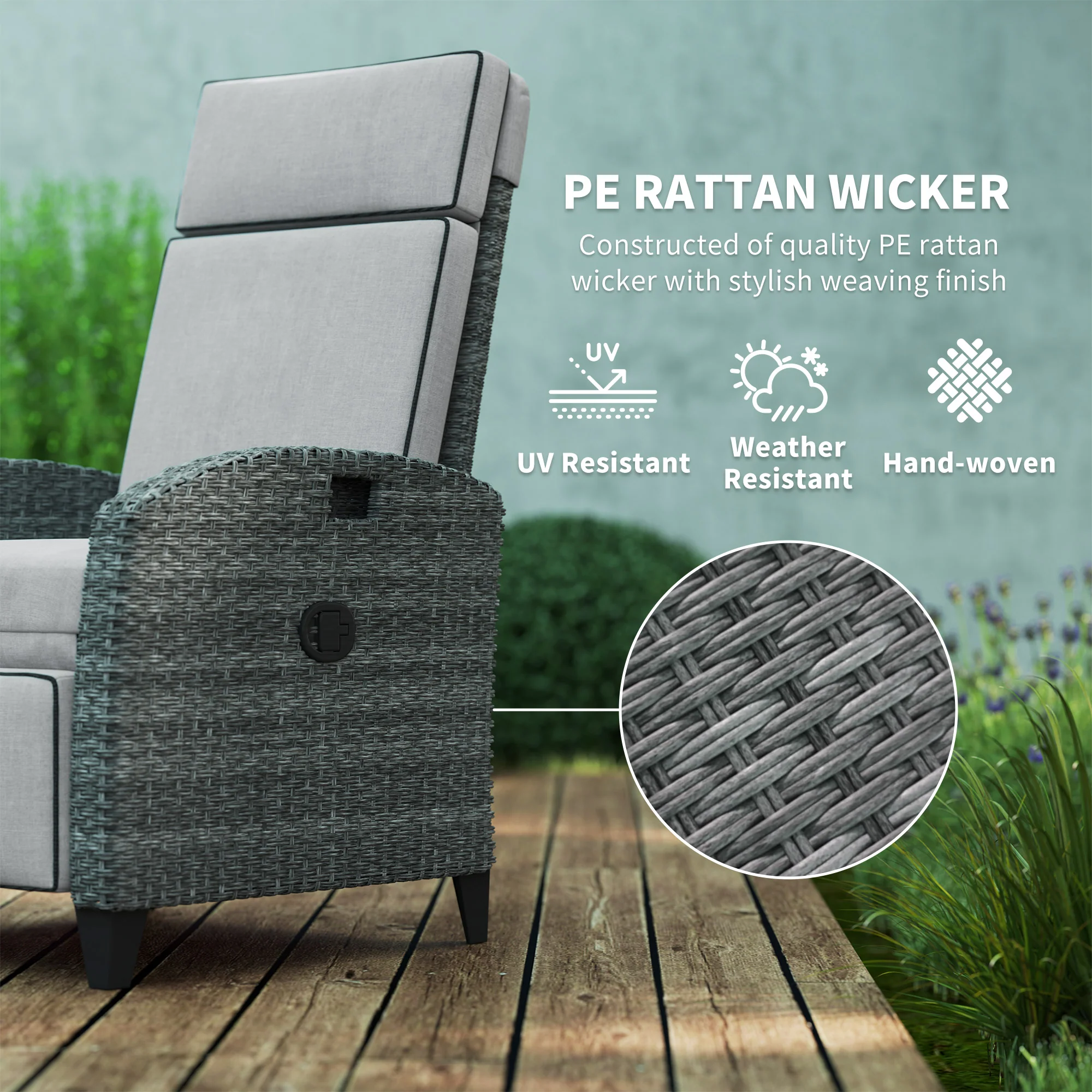 Outsunny Outdoor Recliner Chair w/ Cushion Rattan Reclining Lounge Chair, Grey - Image 4