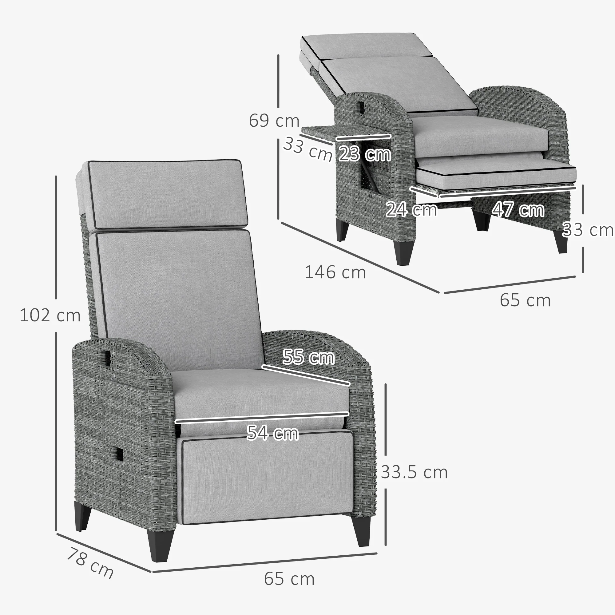 Outsunny Outdoor Recliner Chair w/ Cushion Rattan Reclining Lounge Chair, Grey - Image 5