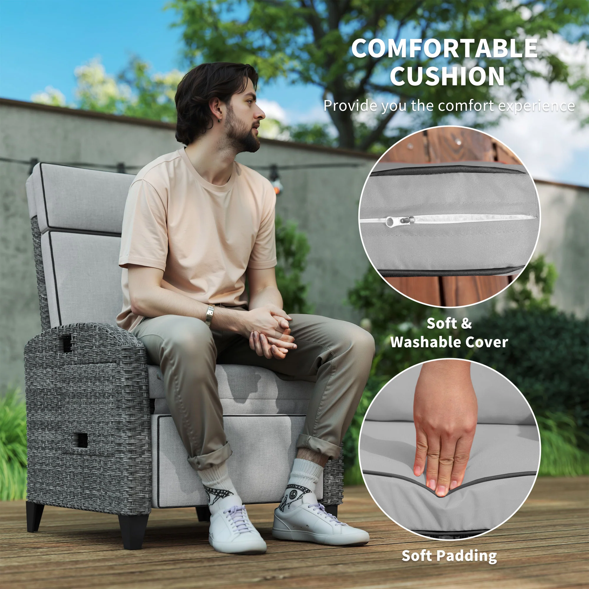 Outsunny Outdoor Recliner Chair w/ Cushion Rattan Reclining Lounge Chair, Grey - Image 7