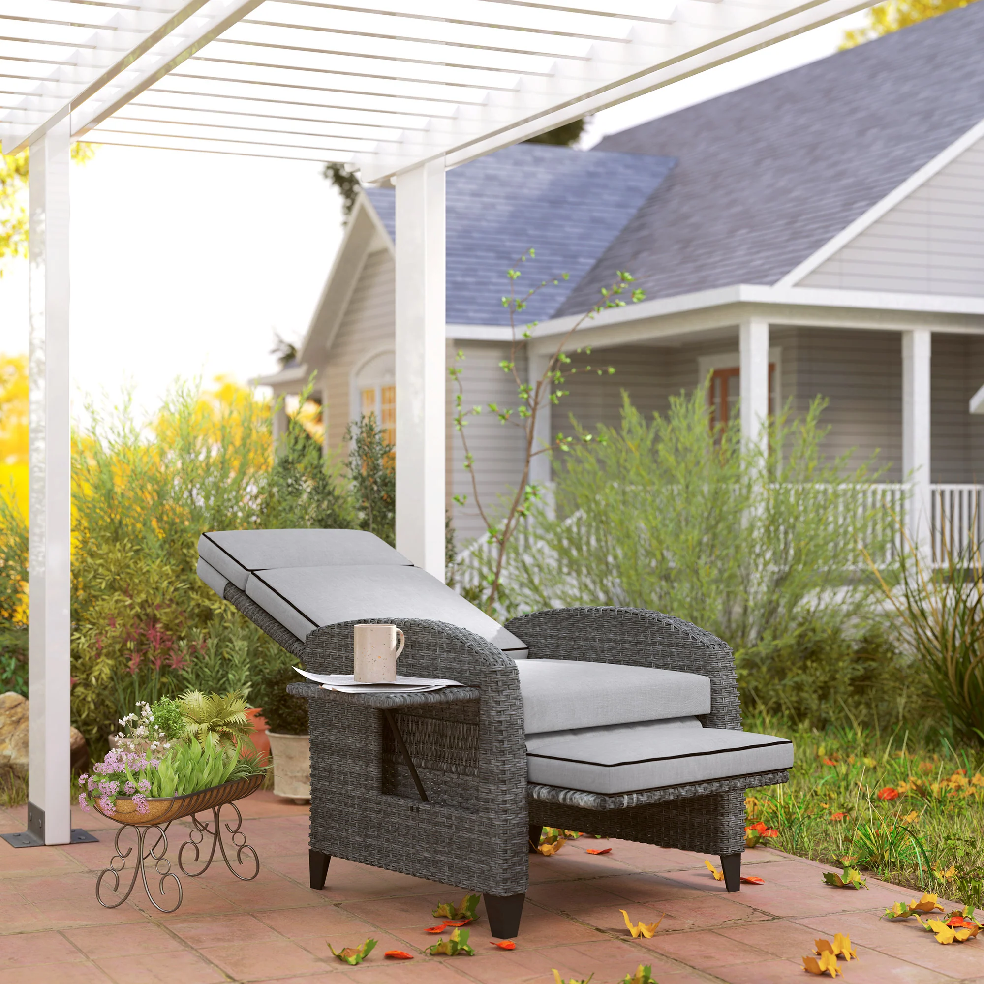 Outsunny Outdoor Recliner Chair w/ Cushion Rattan Reclining Lounge Chair, Grey - Image 8