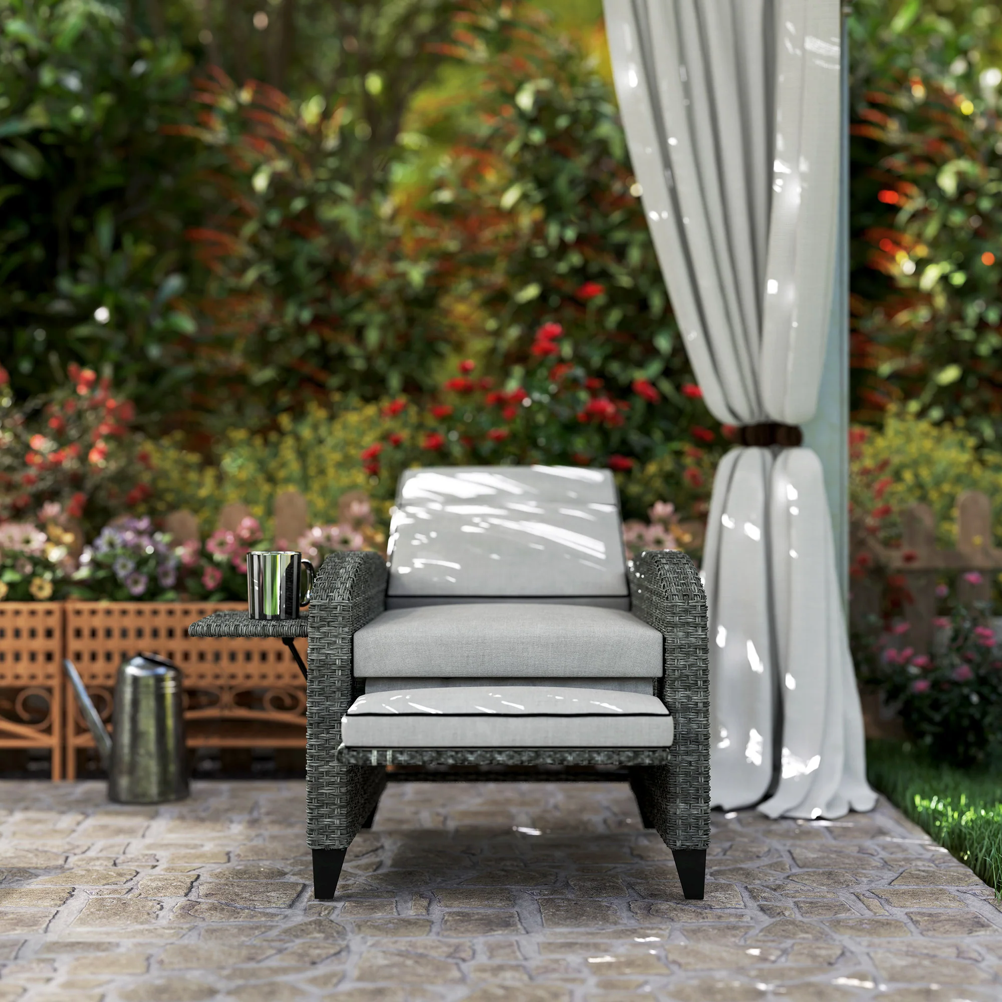 Outsunny Outdoor Recliner Chair w/ Cushion Rattan Reclining Lounge Chair, Grey - Image 9