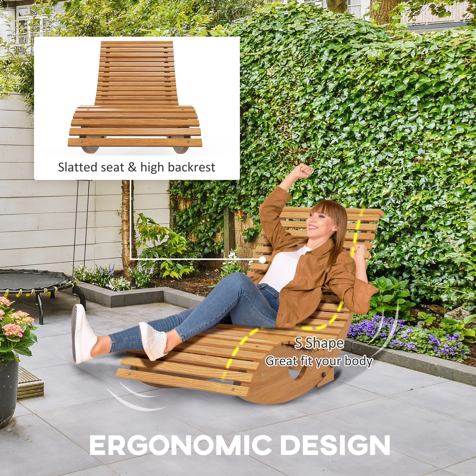 Outsunny Outdoor Rocking Chair W/ Slatted Seat, Wooden Rocking Chair, Teak - Image 4