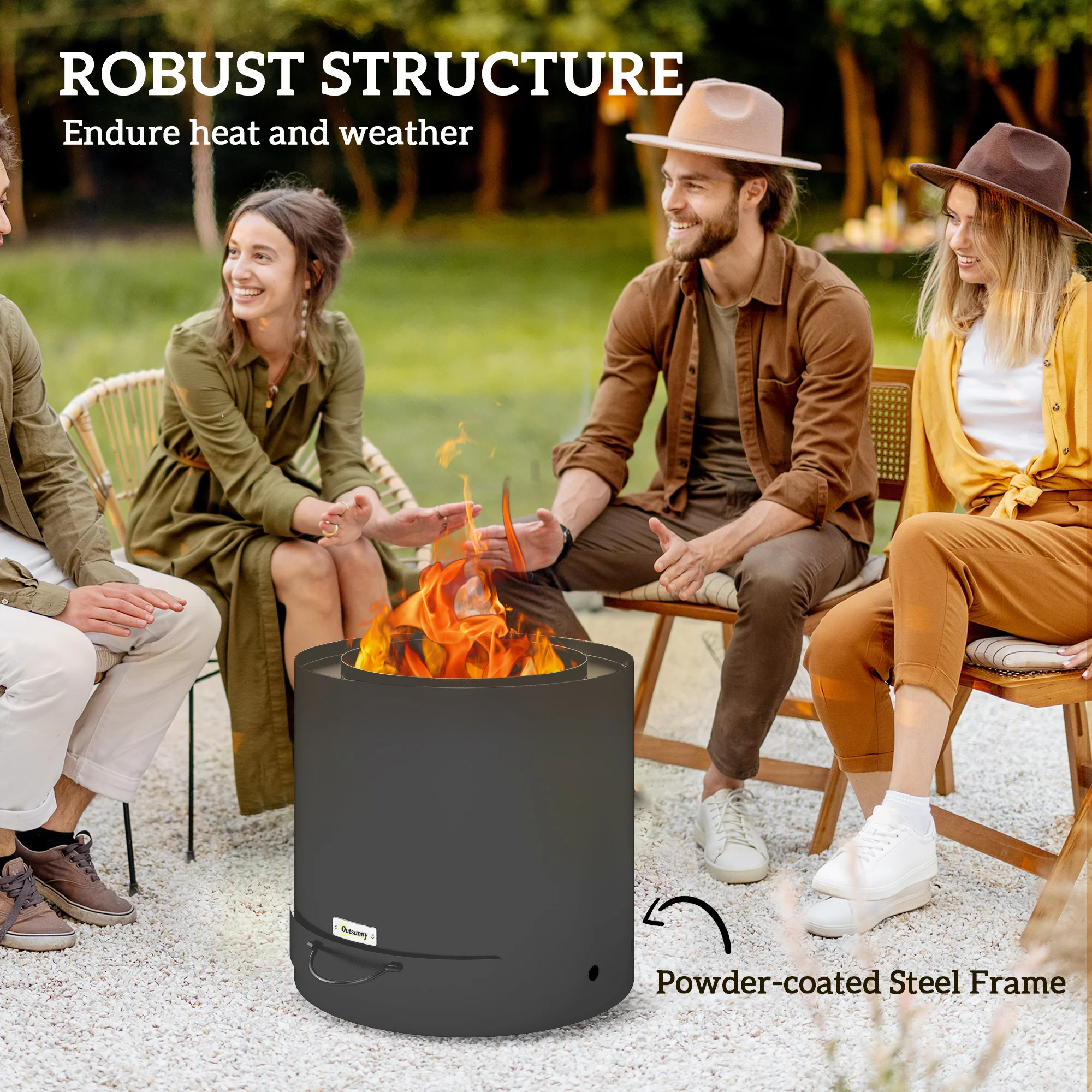 Outsunny Outdoor Round Fire Pit With Ash Tray And Fire Poker, Black - Image 3