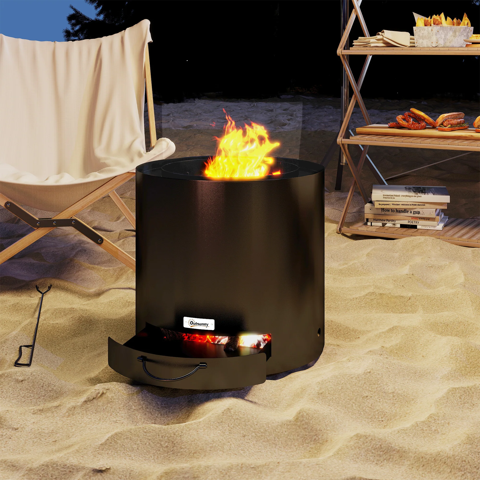 Outsunny Outdoor Round Fire Pit With Ash Tray And Fire Poker, Black - Image 6