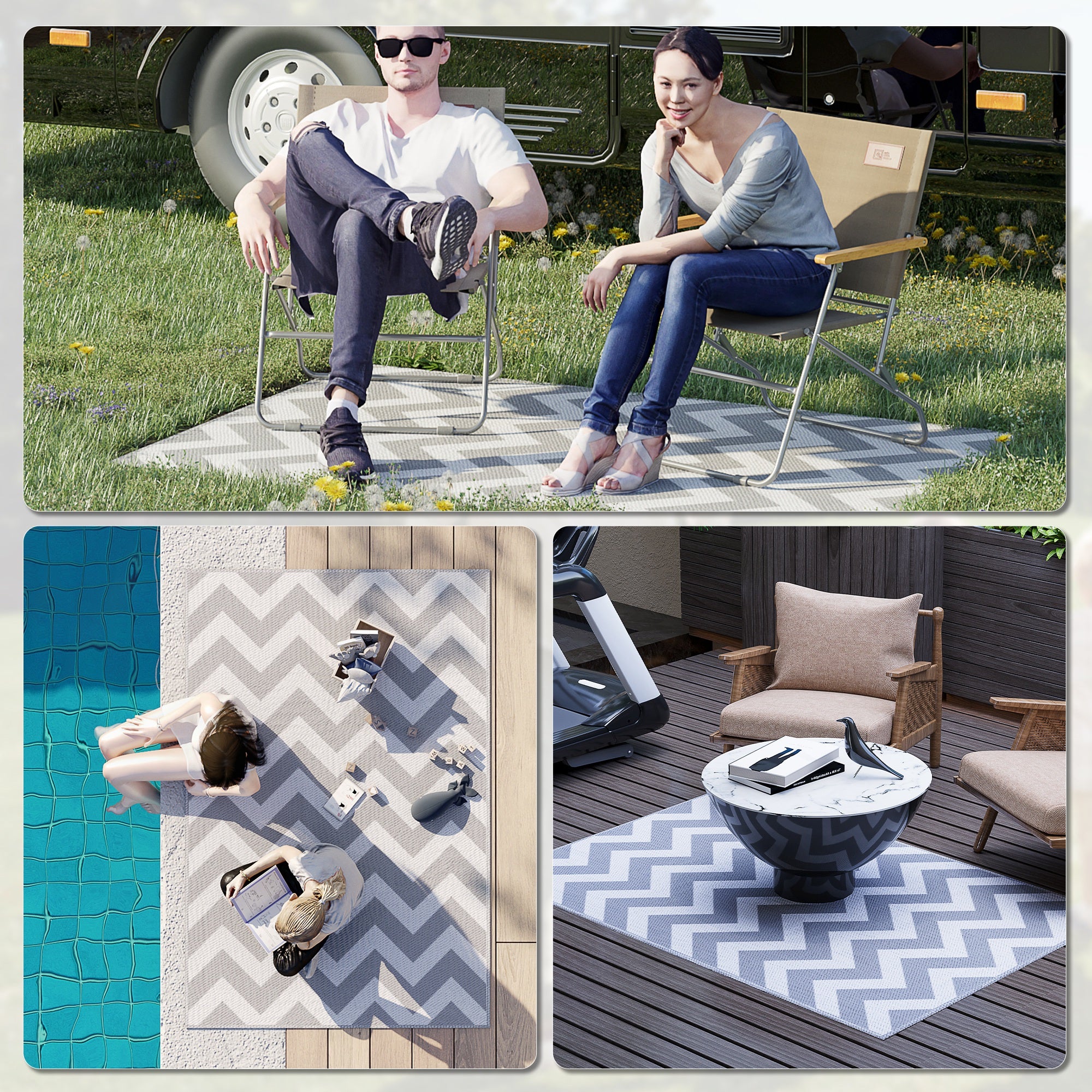 Outsunny Outdoor Rug, 1.2 x 1.8m Patio Floor Mat, Grey & White - Image 4