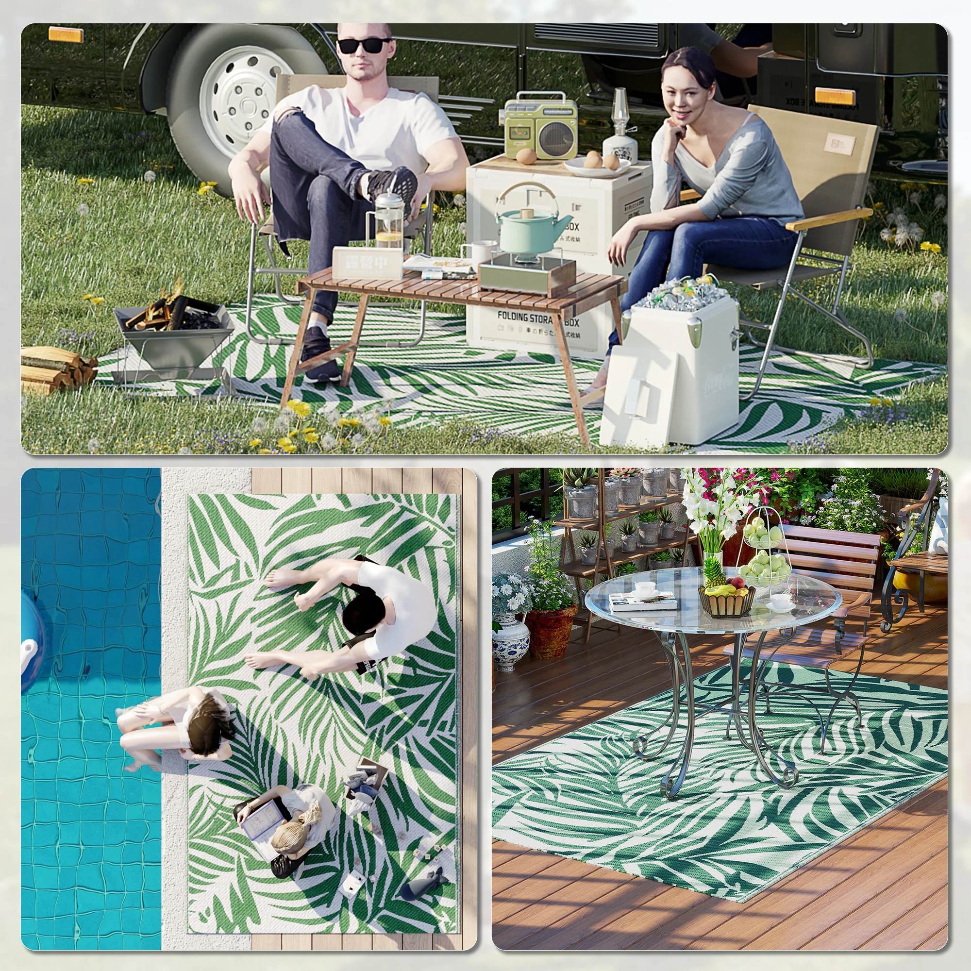 Outsunny Outdoor Rug, 1.5 x 2.4m Patio Floor Mat, Green and White - Image 4