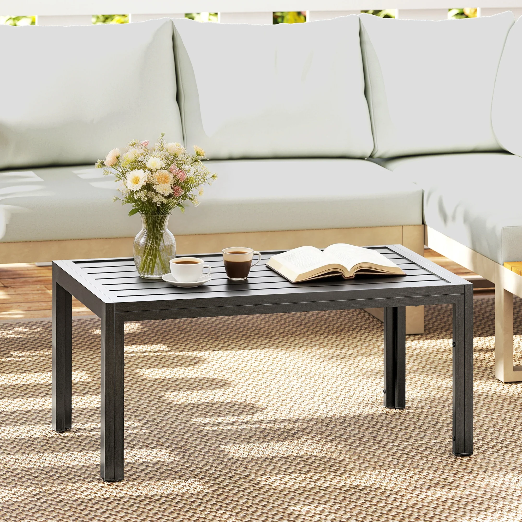 Outsunny Outdoor Side Table Garden Table with Steel Frame and Slat Top Grey Wood - Image 2