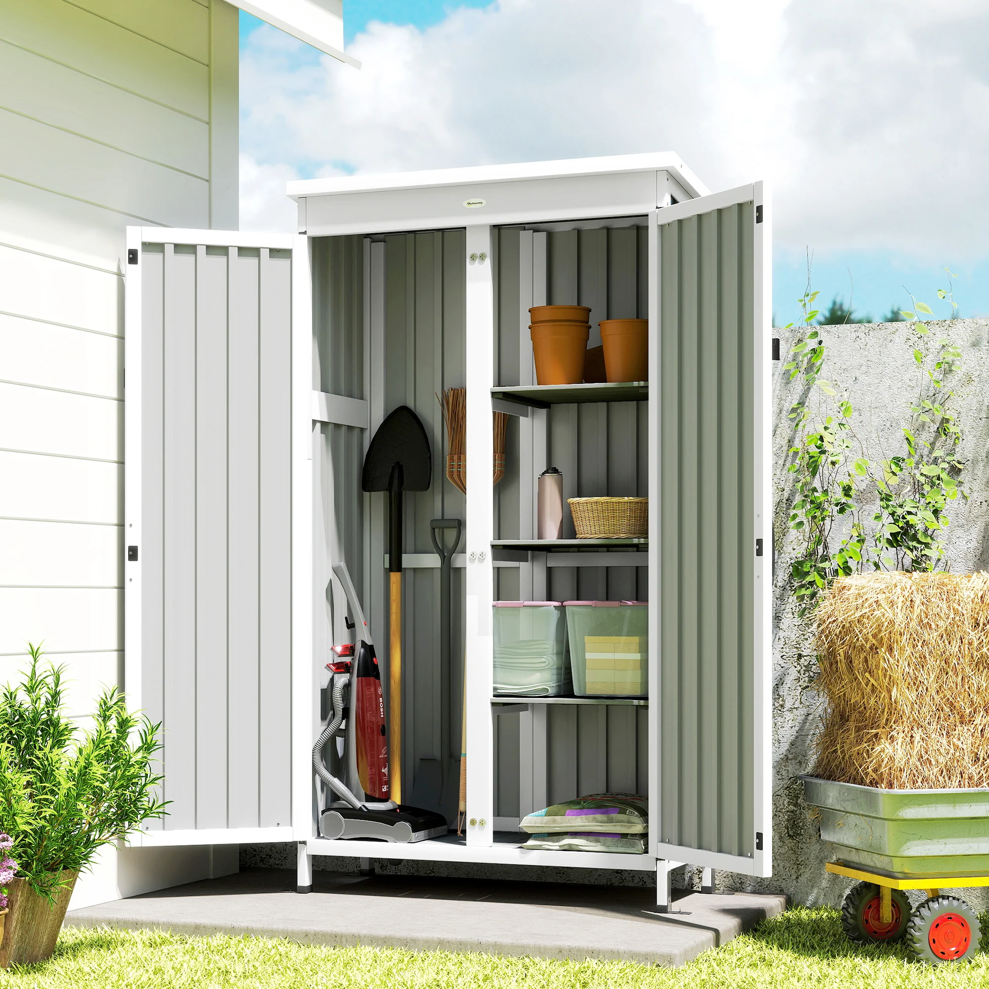 Outsunny Outdoor Storage Cabinet With Removable Shelves, White And Black - Image 2