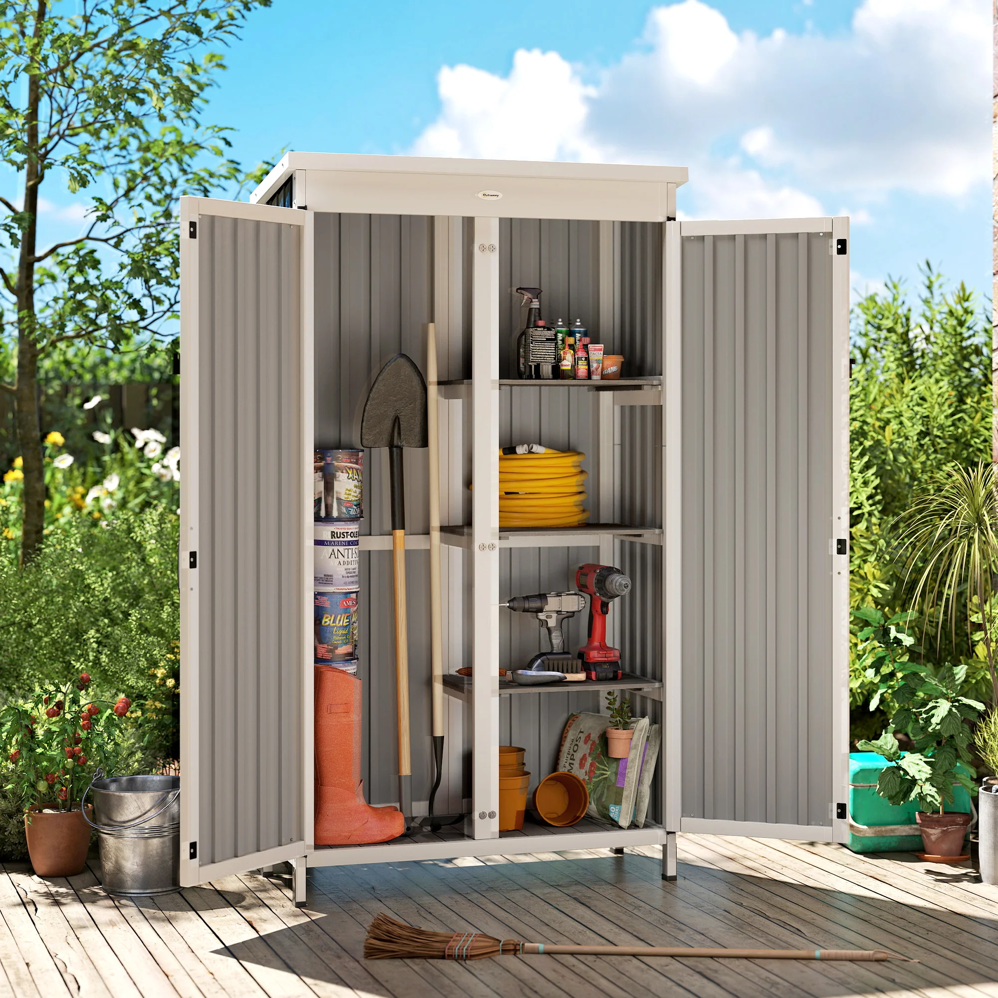 Outsunny Outdoor Storage Cabinet With Removable Shelves, White And Black - Image 9